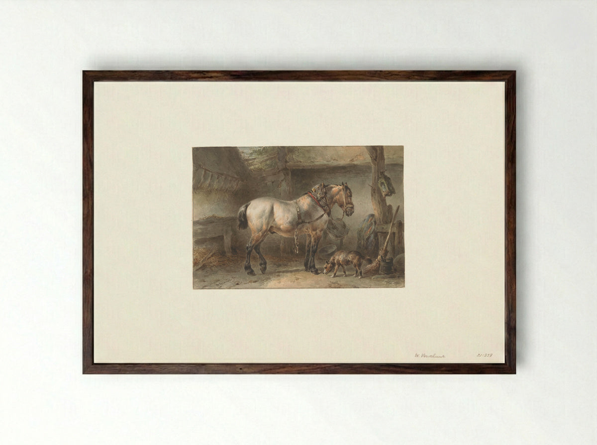 Paard en hond in een stal - Wouter Verschuur - Framed Print Dark Wood