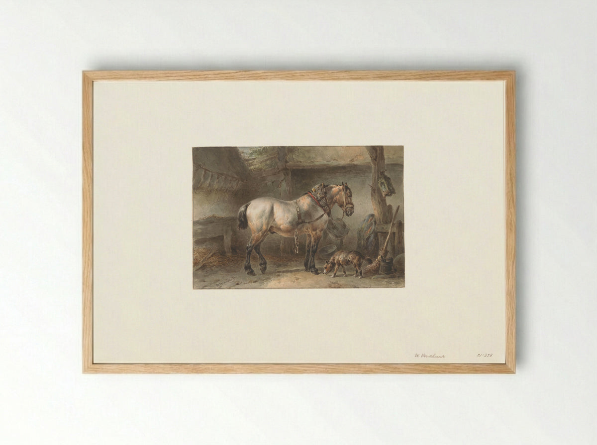 Paard en hond in een stal - Wouter Verschuur - Framed Print Wood