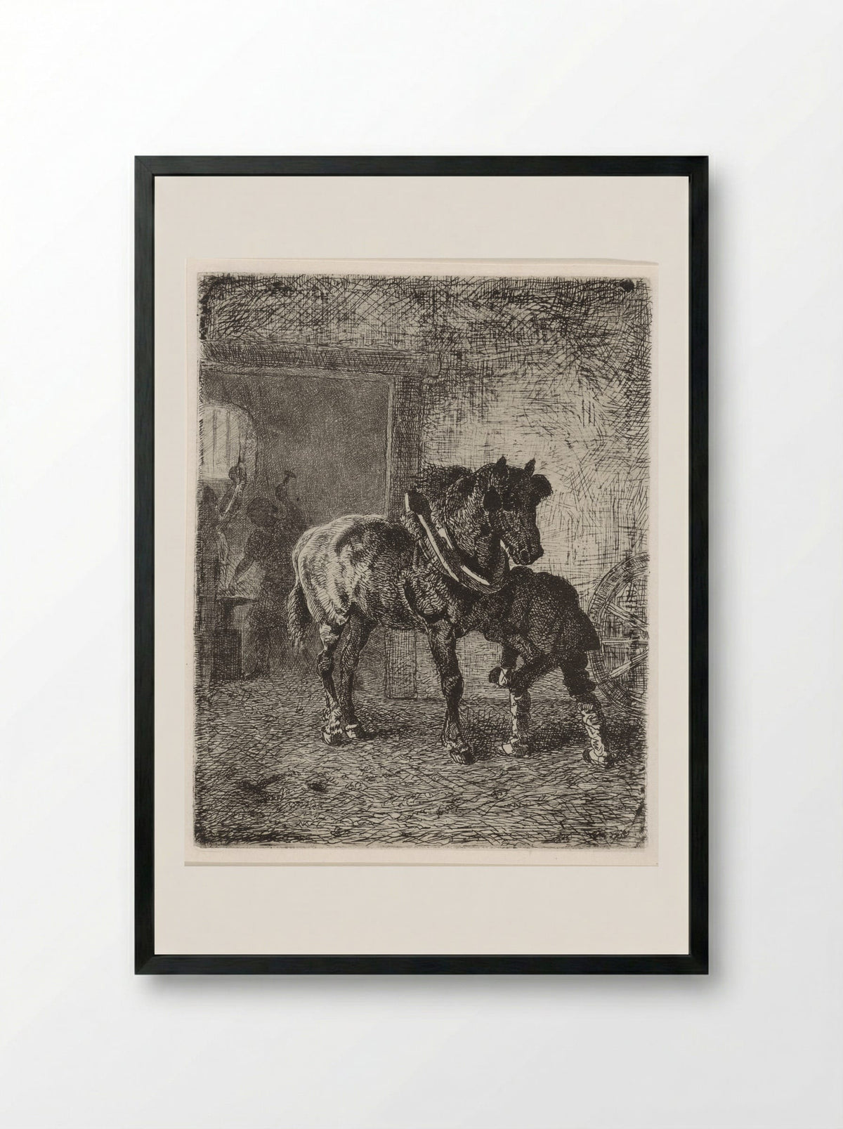 Paard krijgt hoefijzers in een smederij - Cornelis Albertus Johannes Schermer - Framed Print Black