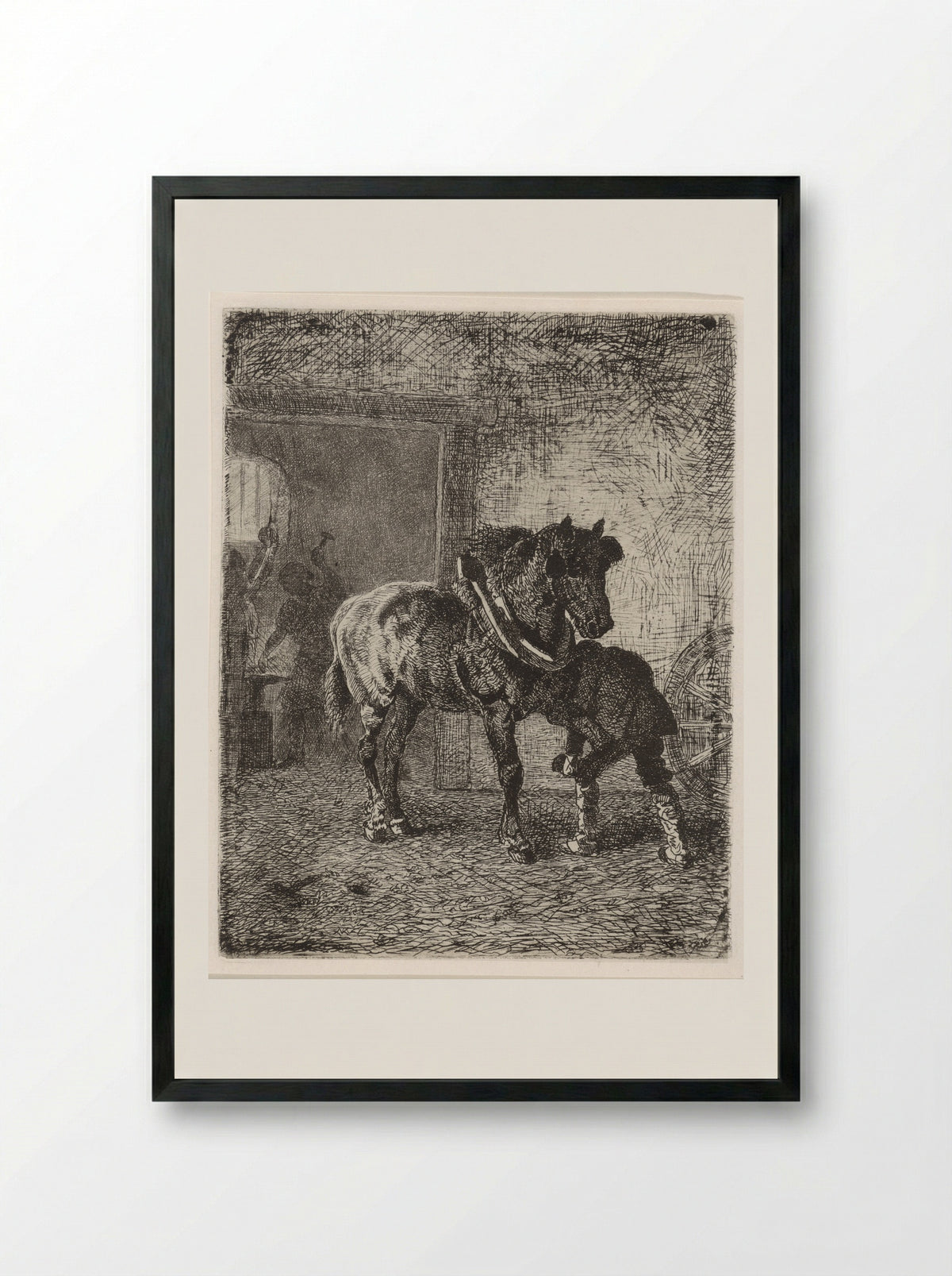 Paard krijgt hoefijzers in een smederij - Cornelis Albertus Johannes Schermer - Framed Print Black