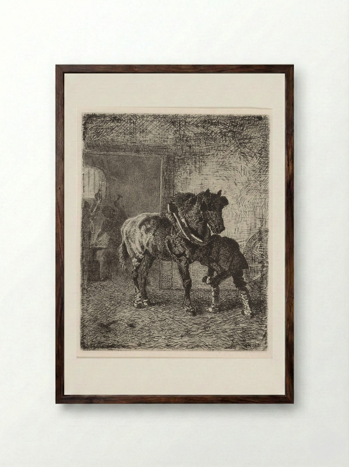 Paard krijgt hoefijzers in een smederij - Cornelis Albertus Johannes Schermer - Framed Print Dark Wood
