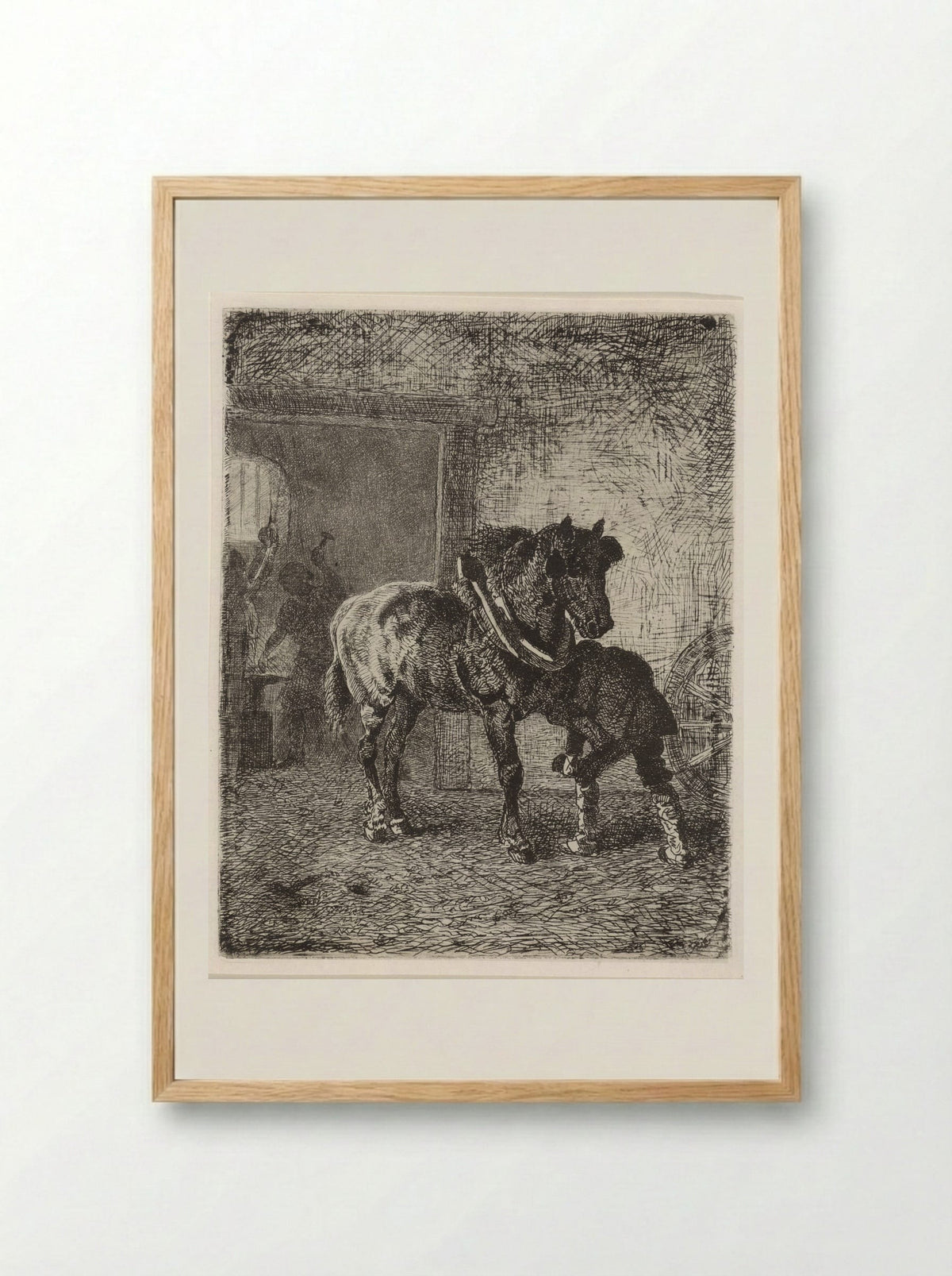 Paard krijgt hoefijzers in een smederij - Cornelis Albertus Johannes Schermer - Framed Print Wood
