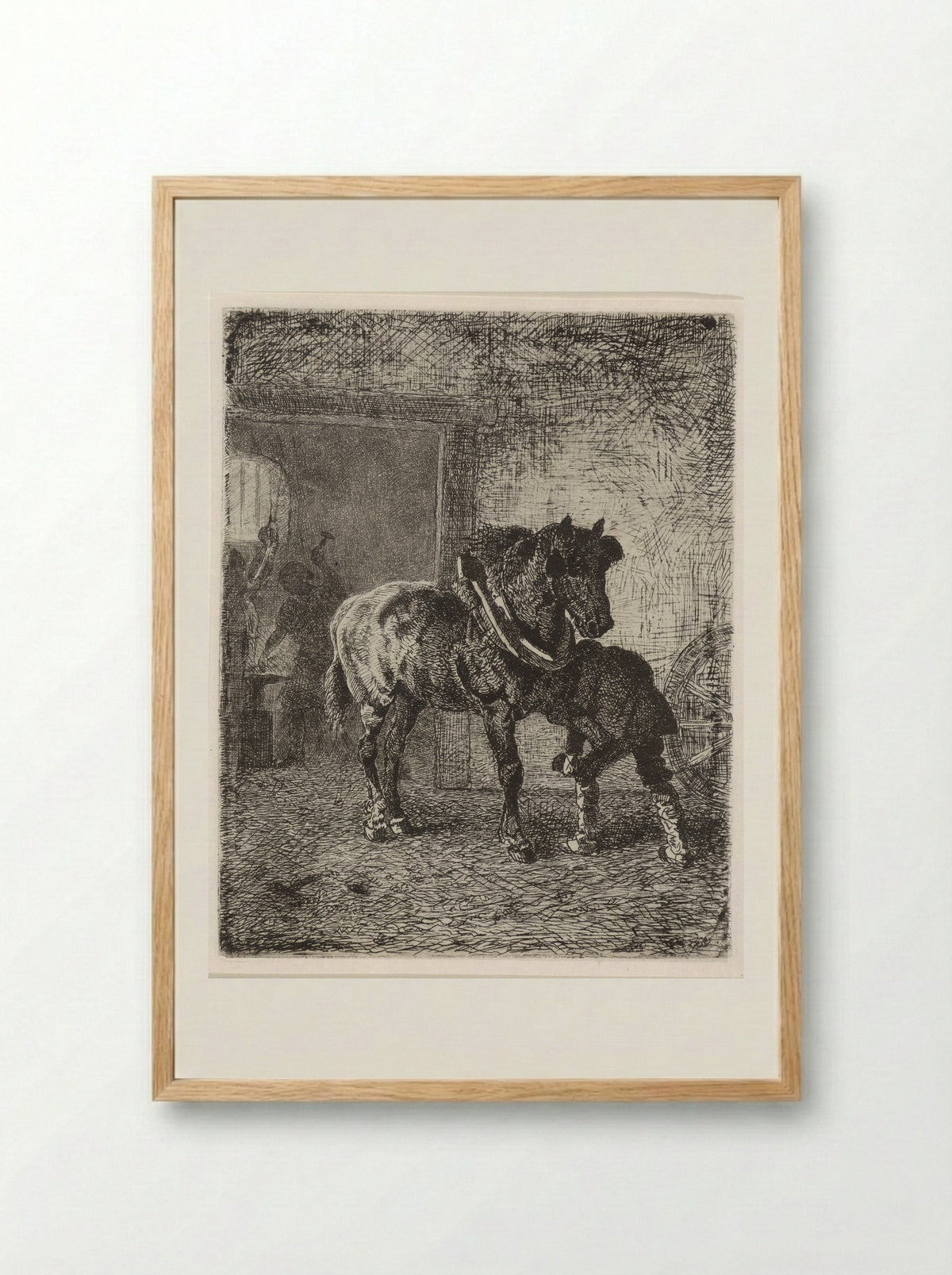 Paard krijgt hoefijzers in een smederij - Cornelis Albertus Johannes Schermer - Framed Print Wood