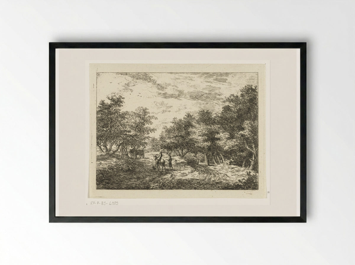Pad door het bos met wagen, wandelaar en ruiter - Hermanus van Brussel - Framed Print Black