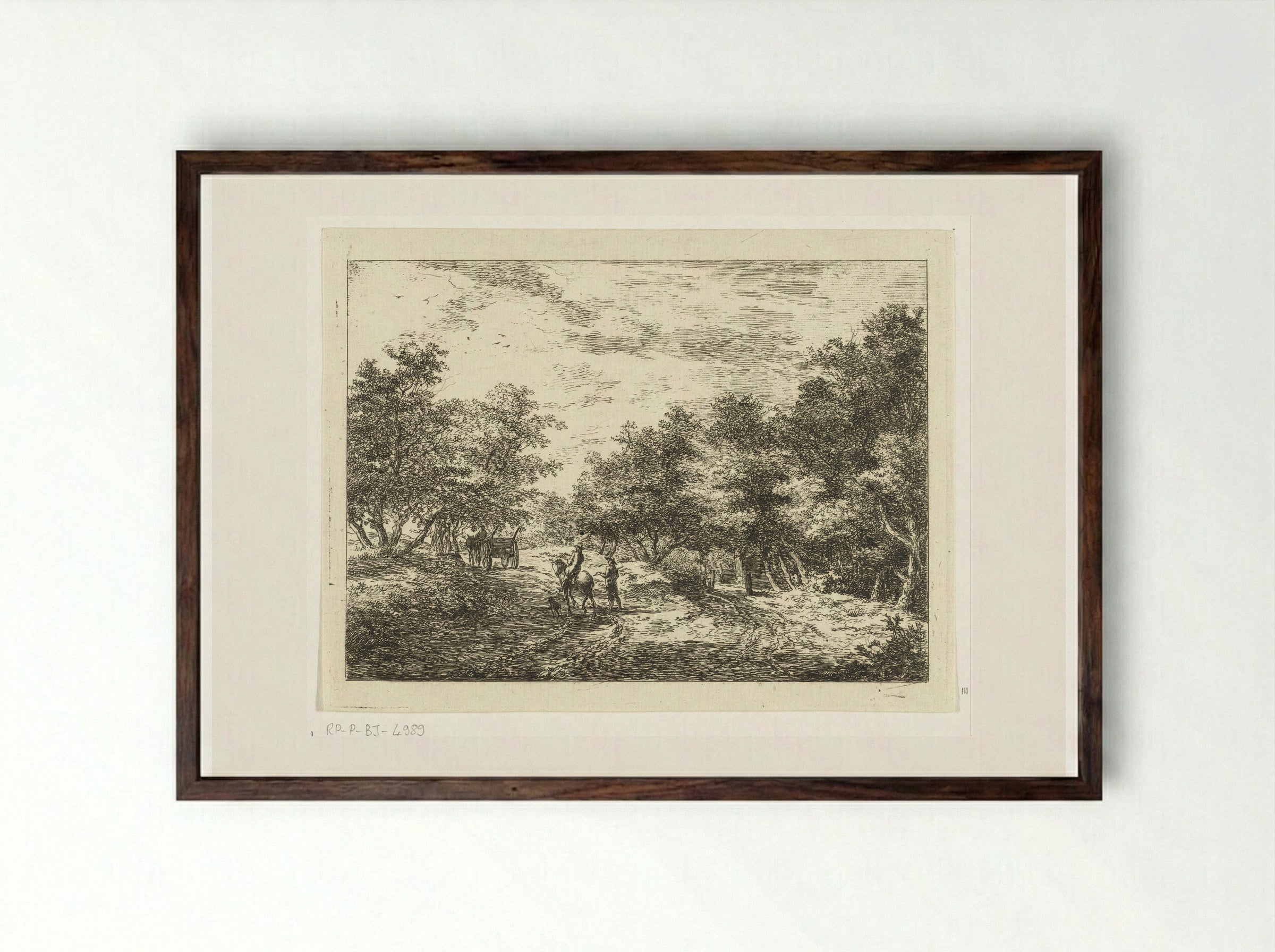 Pad door het bos met wagen, wandelaar en ruiter - Hermanus van Brussel - Framed Print Dark Wood