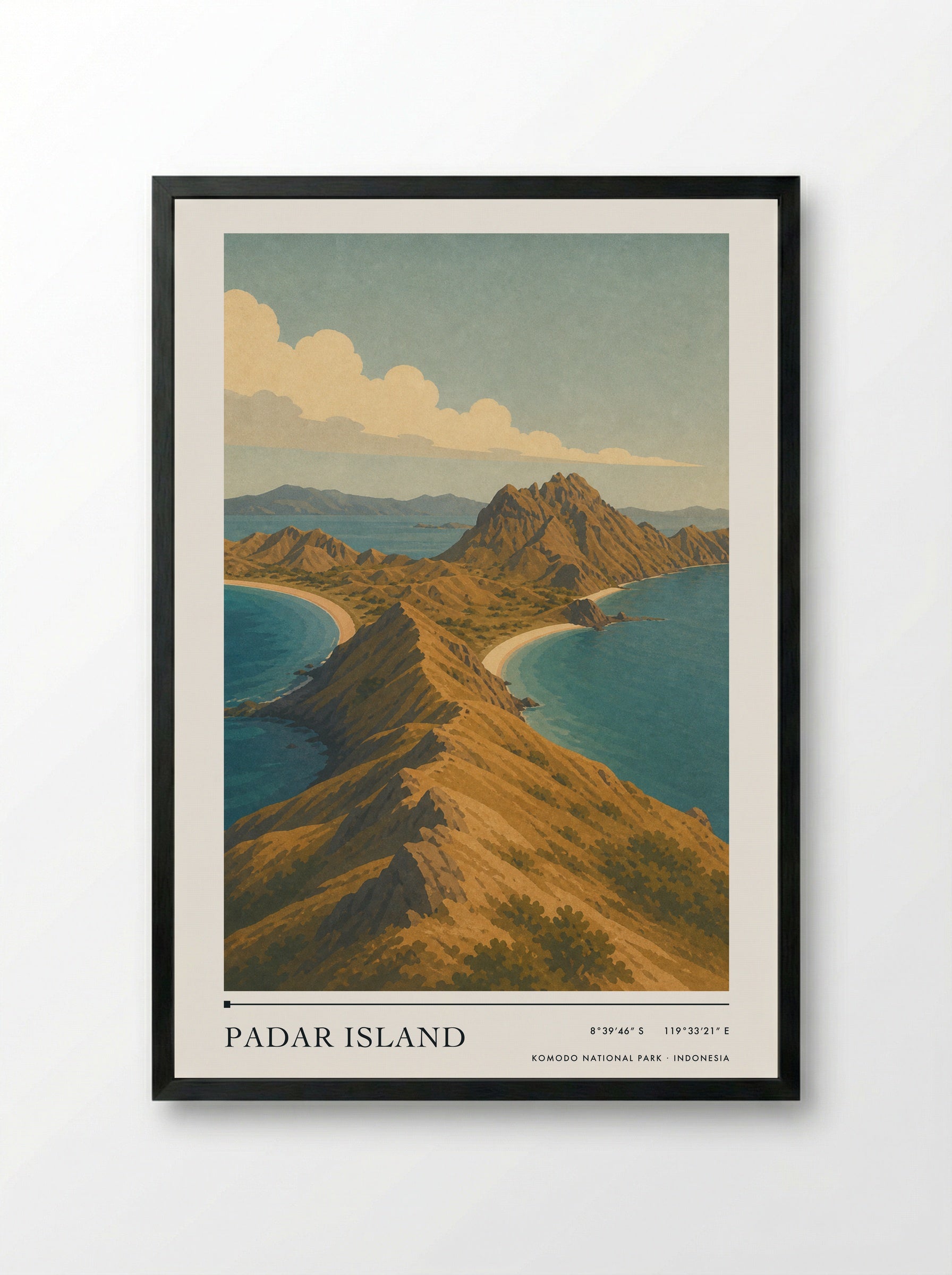 Padar Island Travel Poster Artwork - Framed Print Black