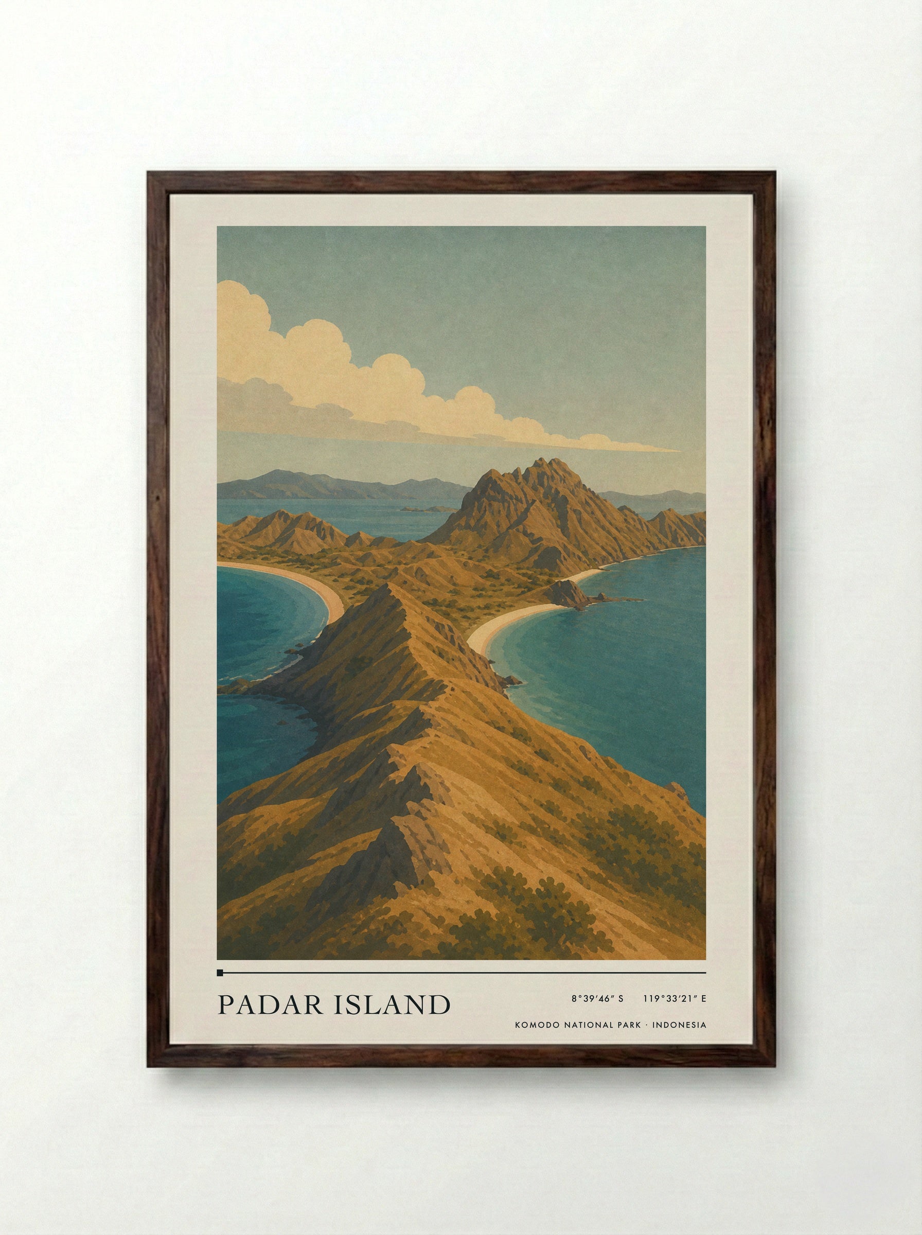 Padar Island Travel Poster Artwork - Framed Print Dark Wood
