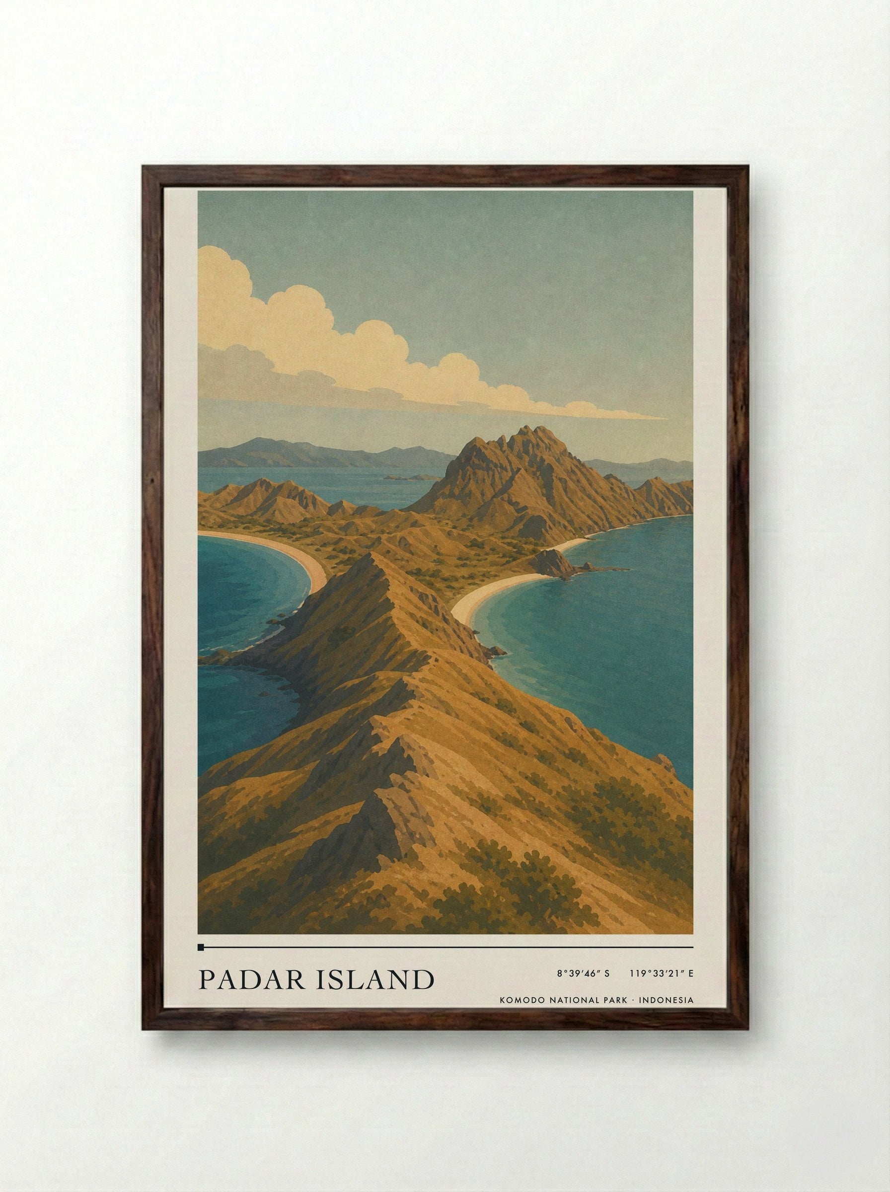 Padar Island Travel Poster Artwork - Framed Print Dark Wood