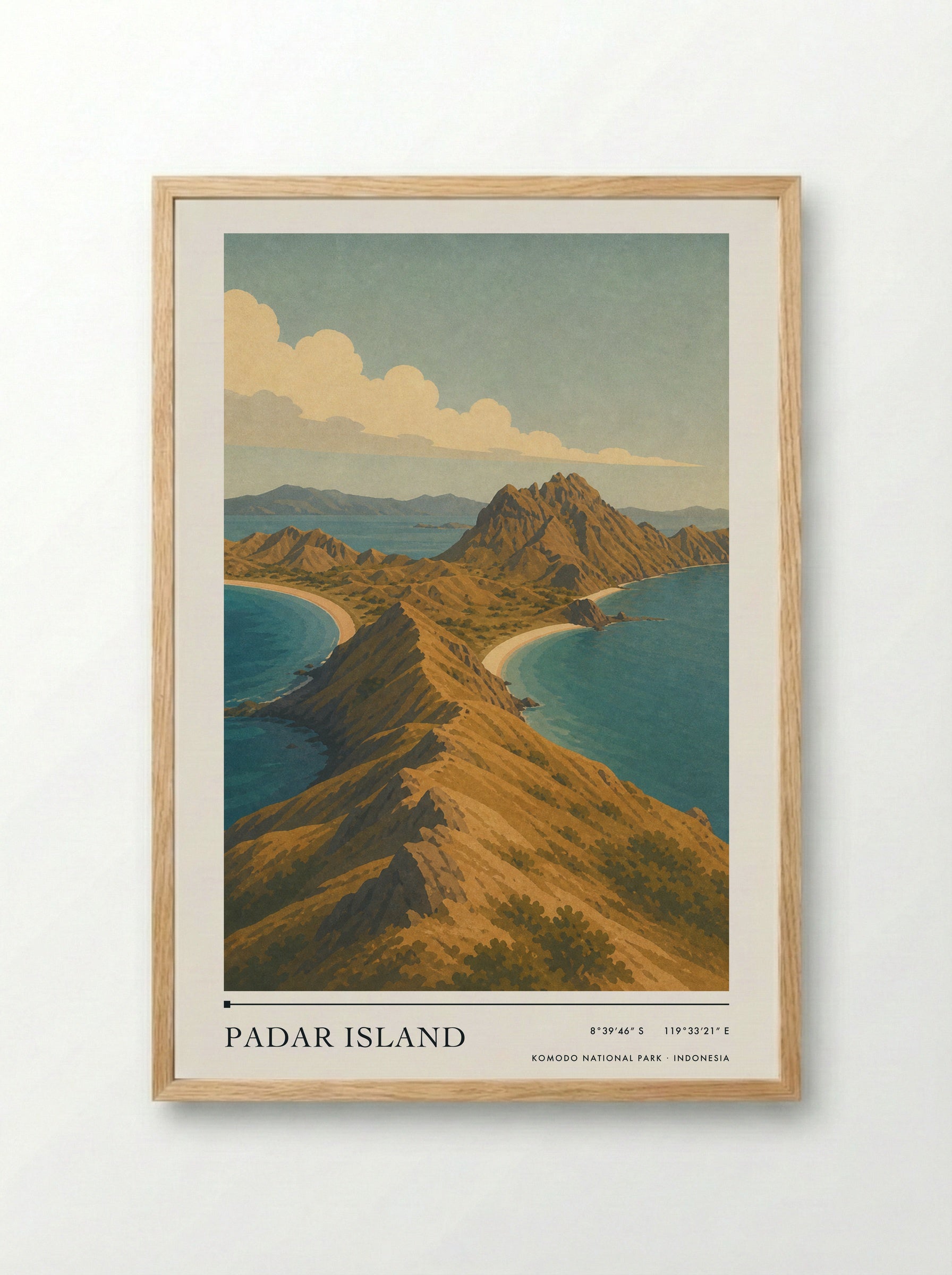 Padar Island Travel Poster Artwork - Framed Print Wood