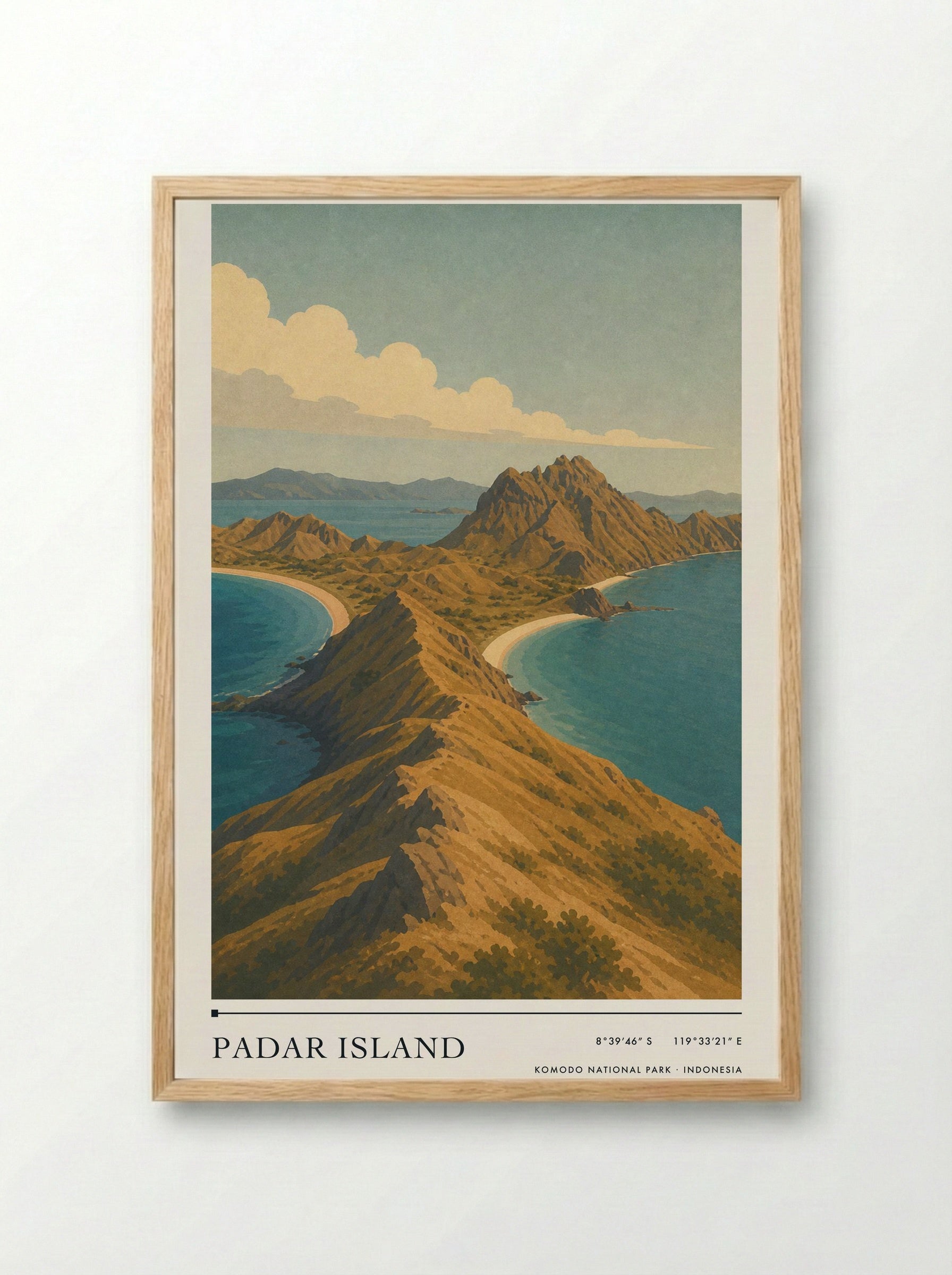 Padar Island Travel Poster Artwork - Framed Print Wood