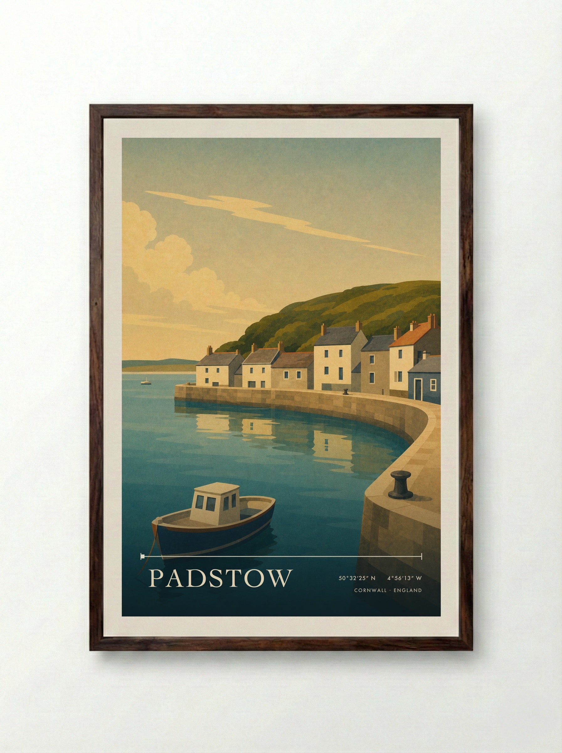 Padstow Cornwall England Travel Poster - Framed Print Dark Wood