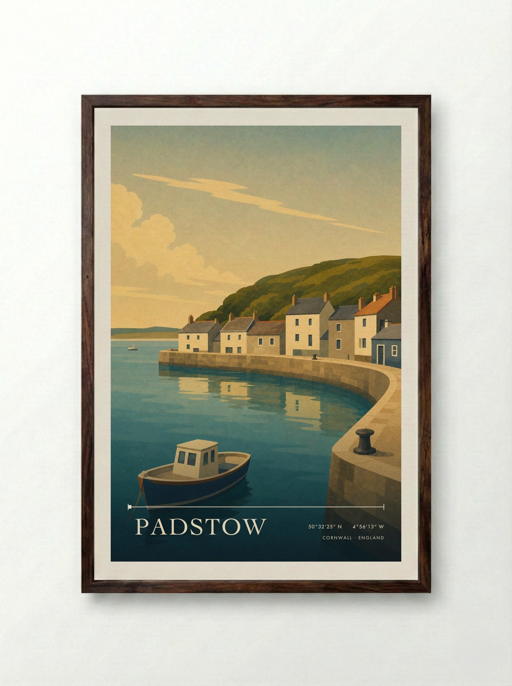 Padstow Cornwall England Travel Poster - Framed Print Dark Wood