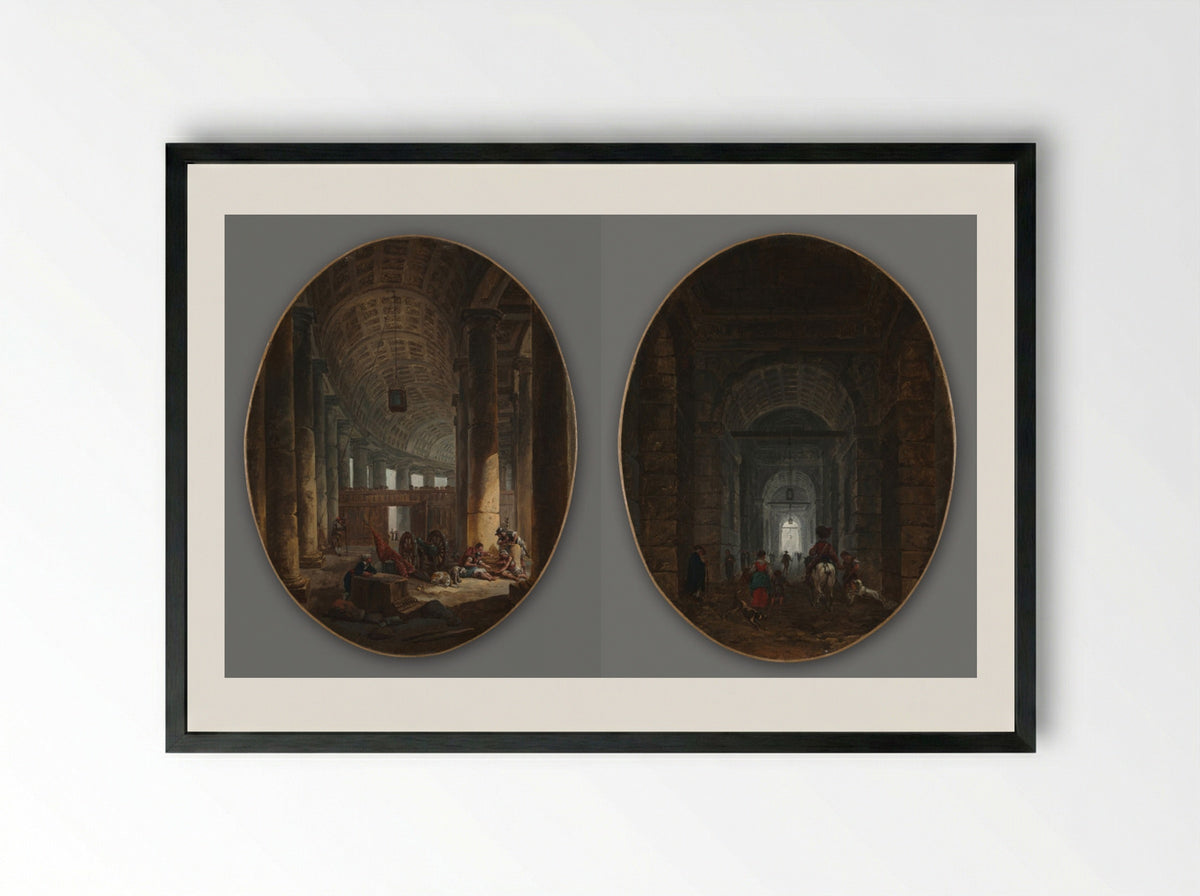 Pair of Paintings: The Colonnade of St. Peter's and The Grotto of Posillipo - Hubert Robert - Framed Print Black