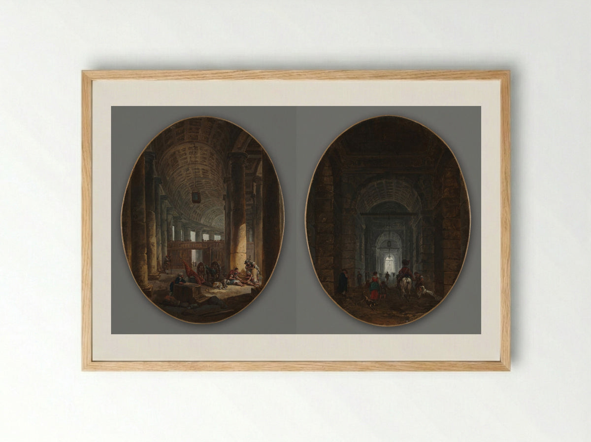 Pair of Paintings: The Colonnade of St. Peter's and The Grotto of Posillipo - Hubert Robert - Framed Print Wood