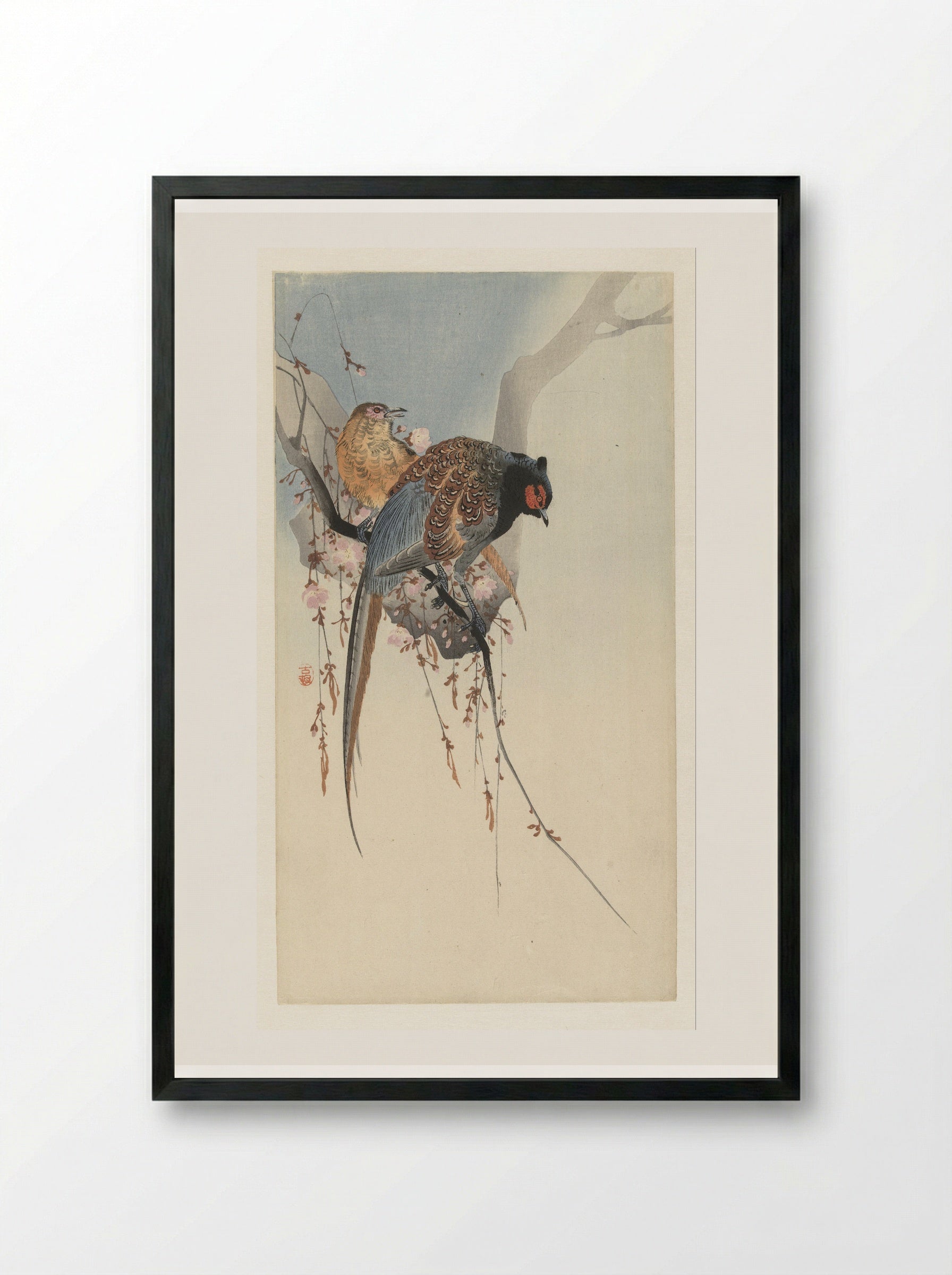 Pair of Pheasants and Plum Blossoms - Matsuki Heikichi - Framed Print Black