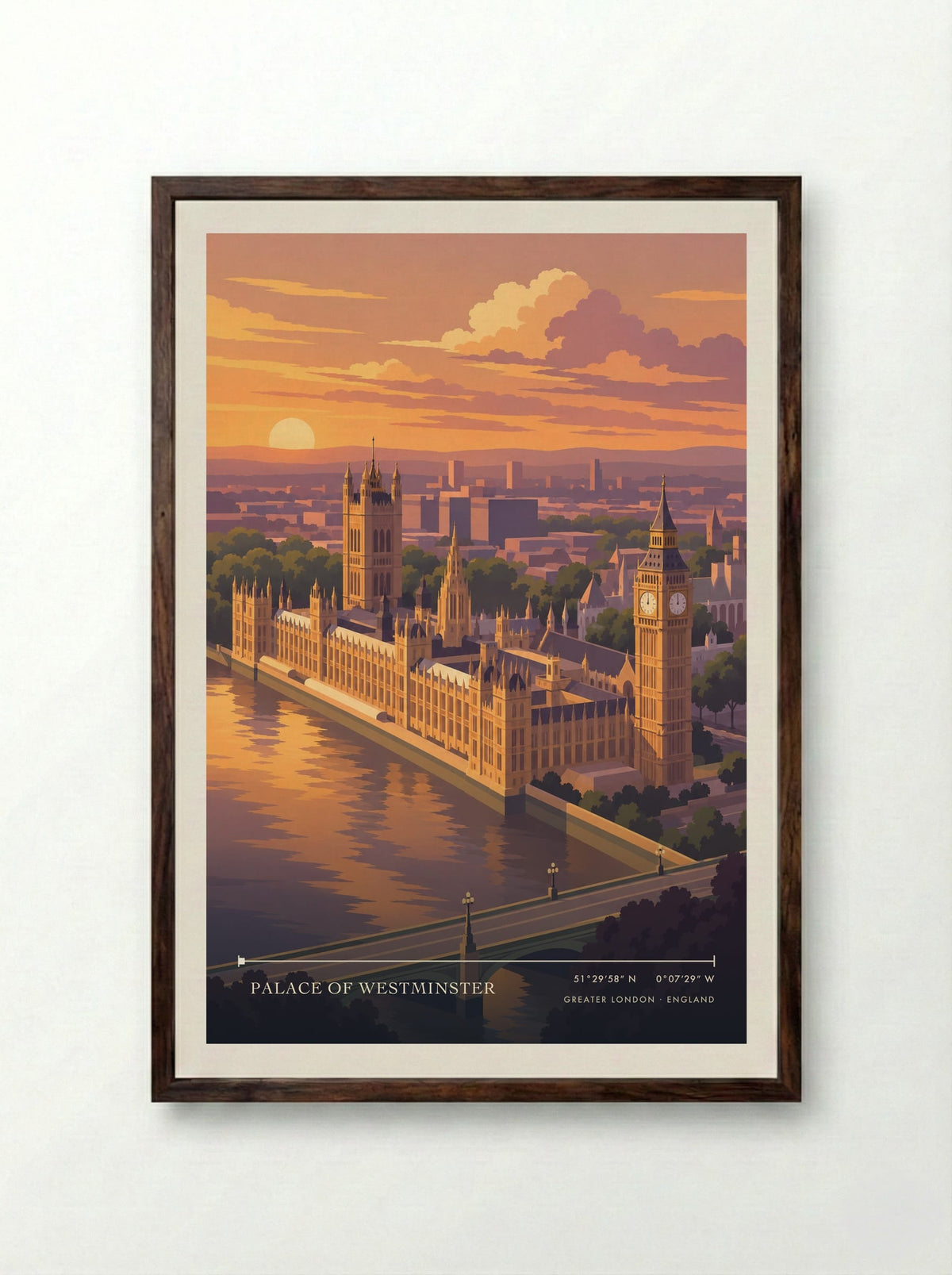 Palace of Westminster, Greater London | Travel Poster - Framed Print Dark Wood