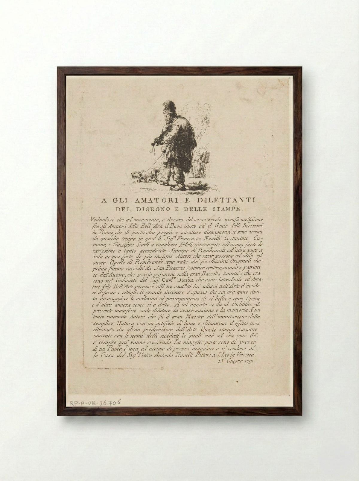 Pamflet met vioolspeler en hond - Francesco Novelli - Framed Print Dark Wood