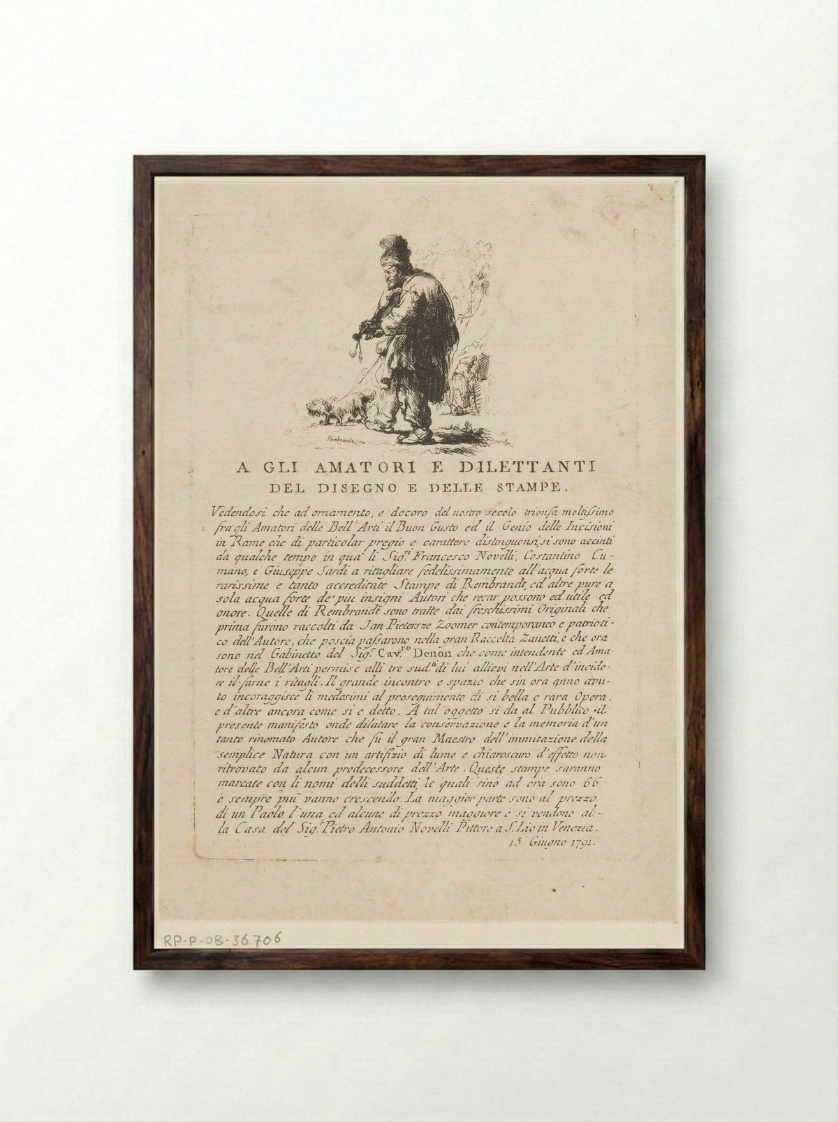 Pamflet met vioolspeler en hond - Francesco Novelli - Framed Print Dark Wood