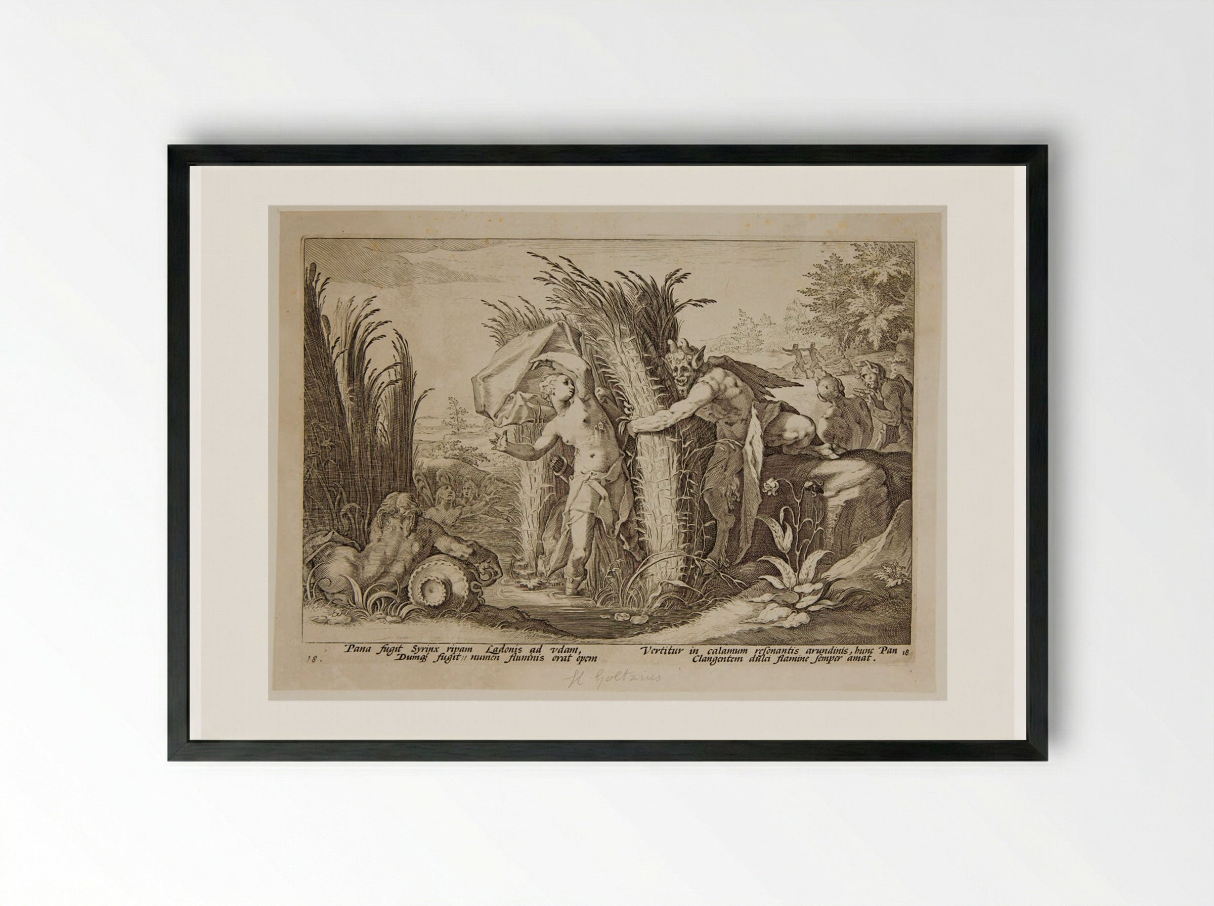 Pan and Syrinx - Hendrick Goltzius - Framed Print Black
