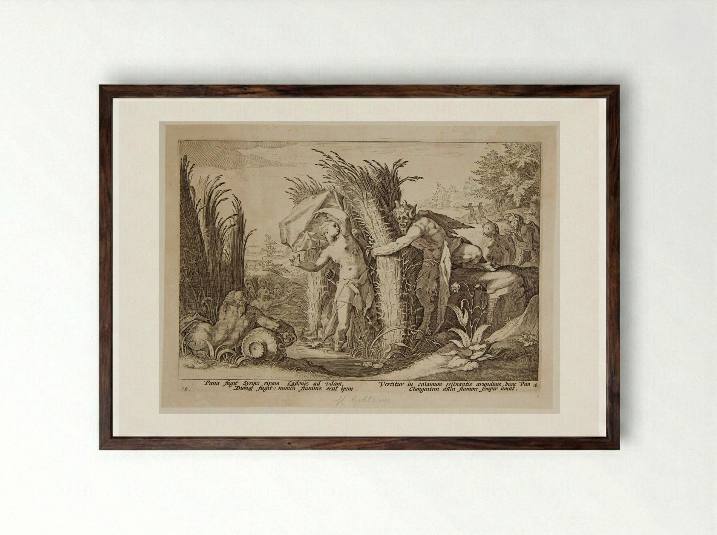 Pan and Syrinx - Hendrick Goltzius - Framed Print Dark Wood