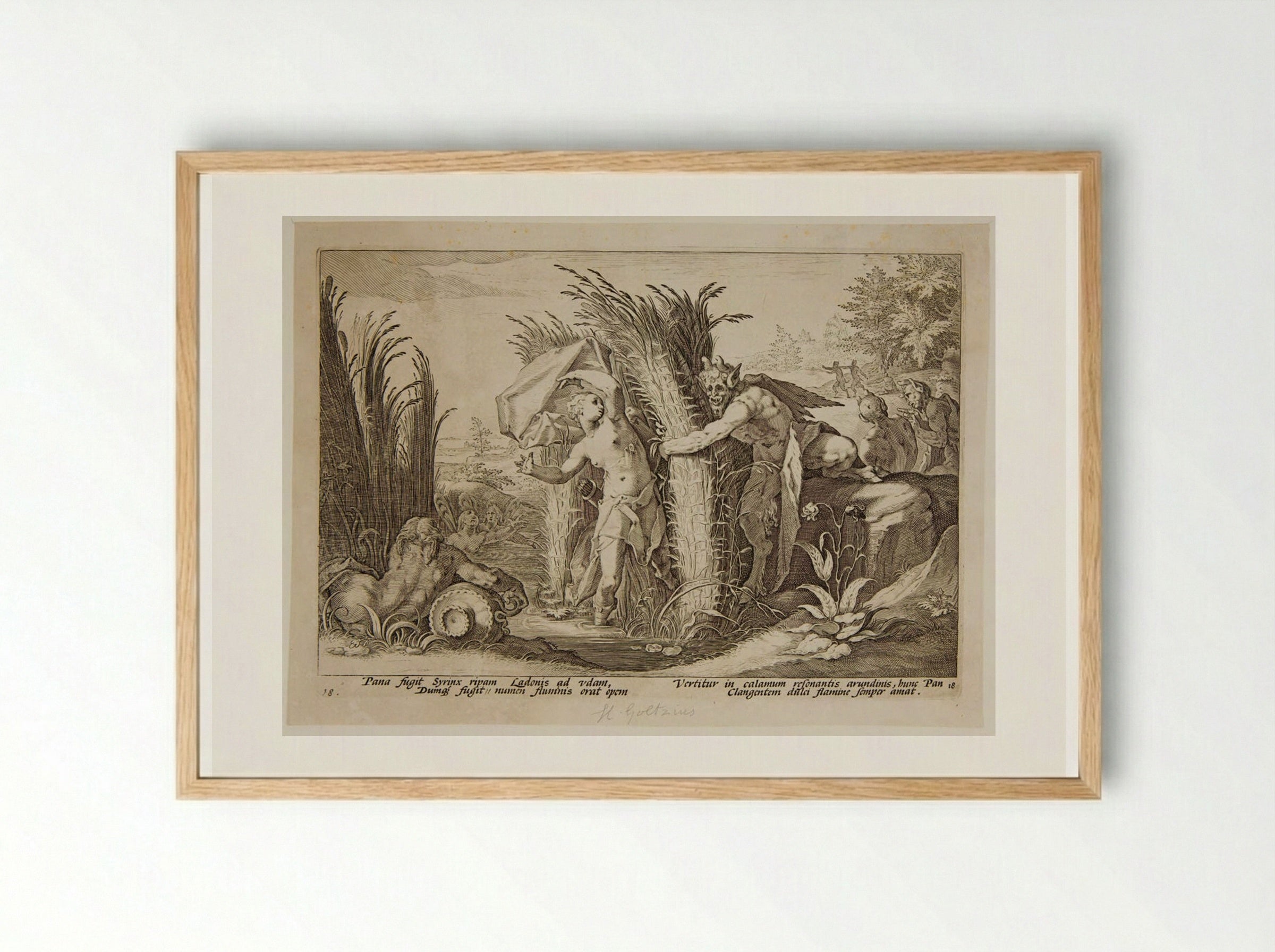 Pan and Syrinx - Hendrick Goltzius - Framed Print Wood