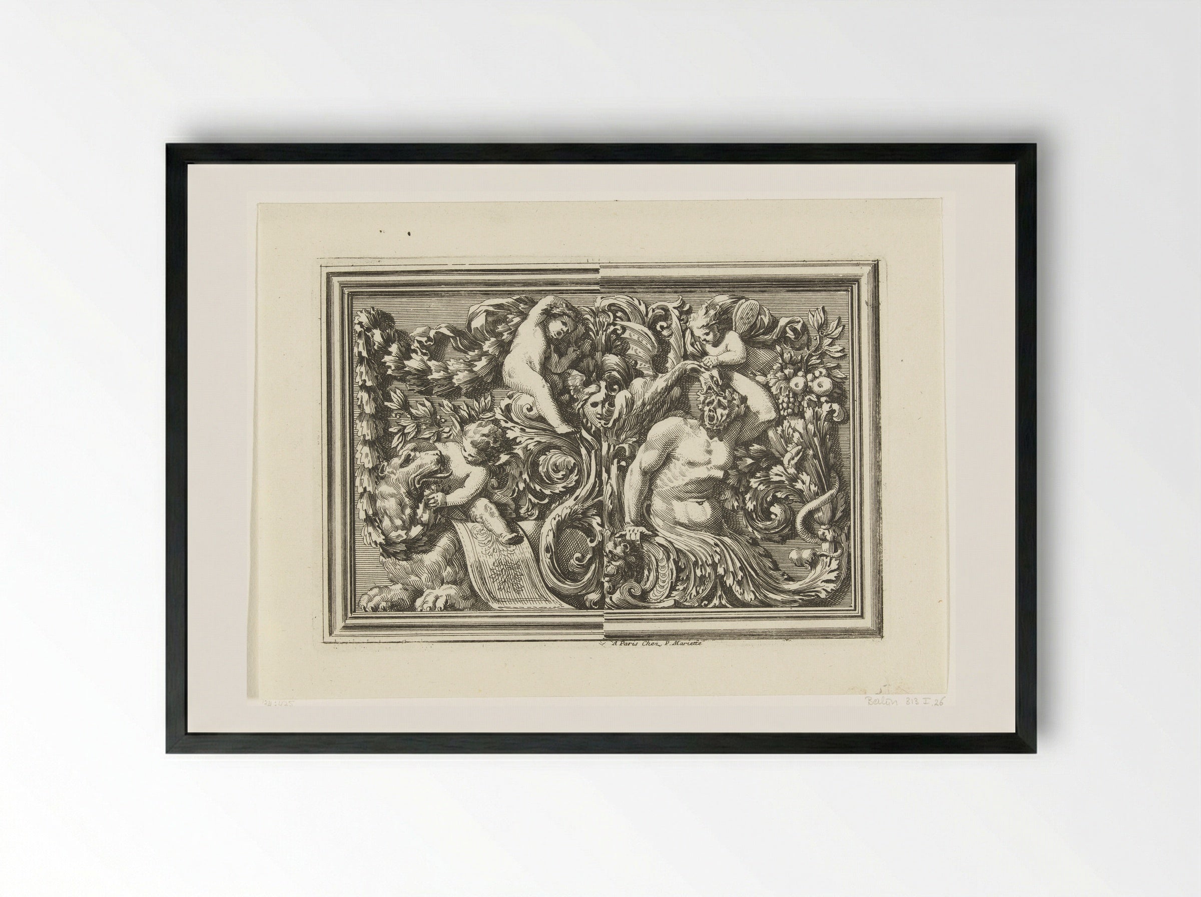 Paneel met links twee putti en een leeuw - Jean Lepautre - Framed Print Black