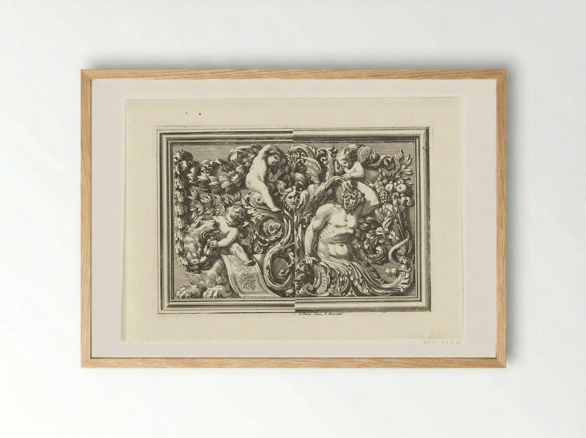 Paneel met links twee putti en een leeuw - Jean Lepautre - Framed Print Wood