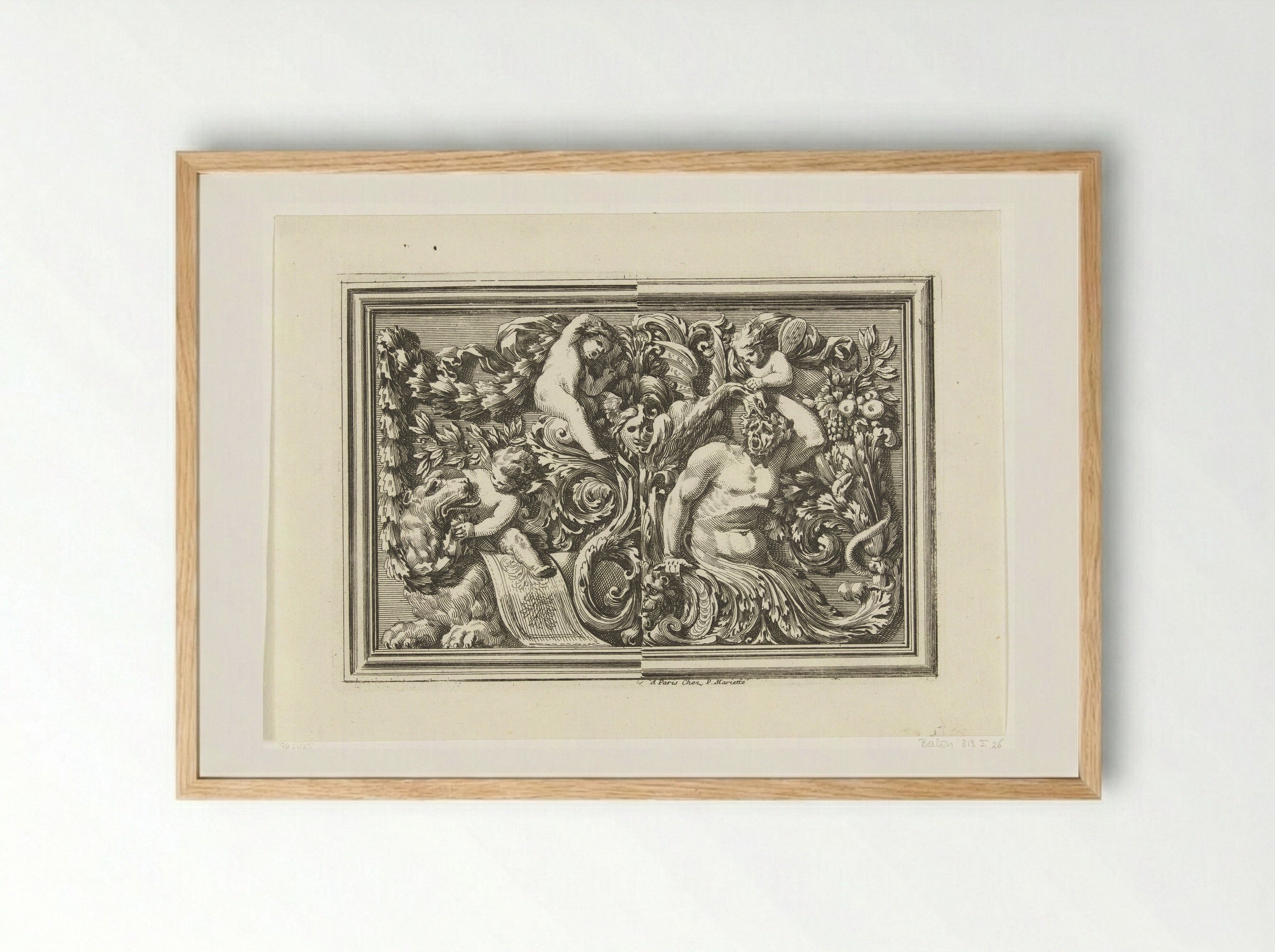 Paneel met links twee putti en een leeuw - Jean Lepautre - Framed Print Wood