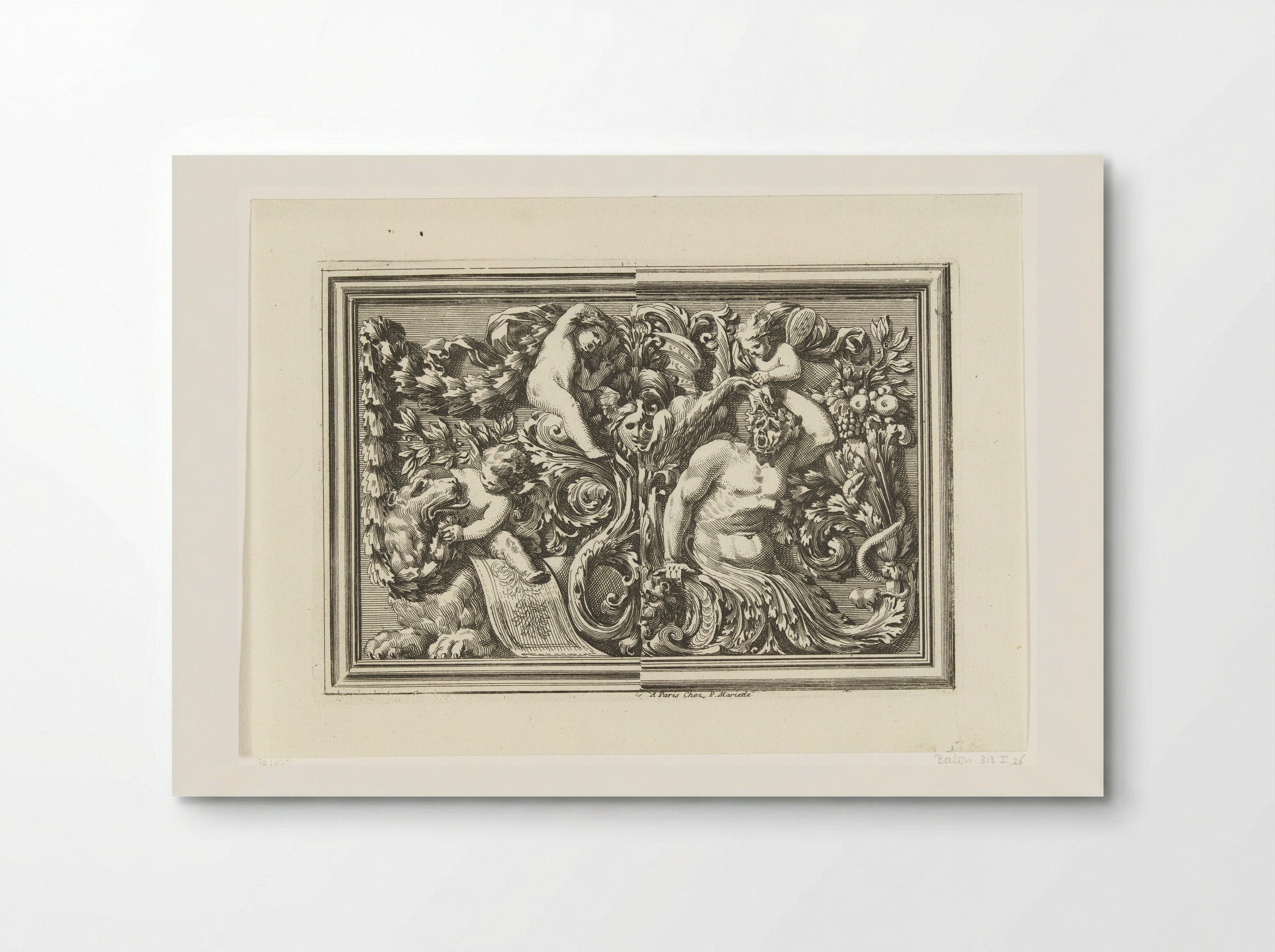 Paneel met links twee putti en een leeuw - Jean Lepautre - Poster