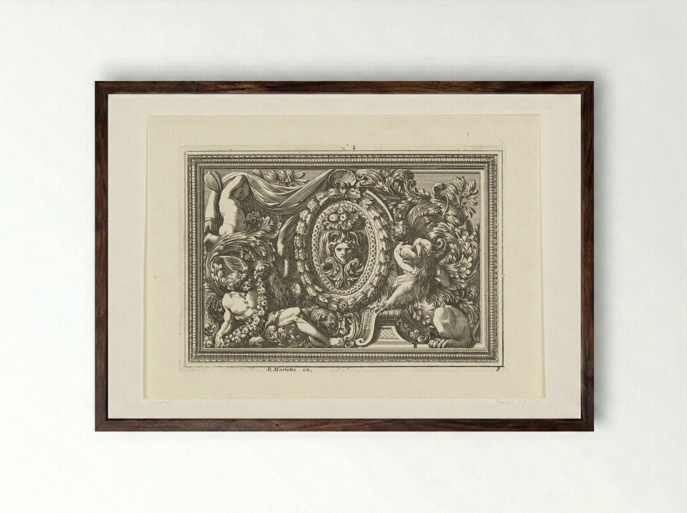 Paneel met masker in ovaal medaillon - Jean Lepautre - Framed Print Dark Wood