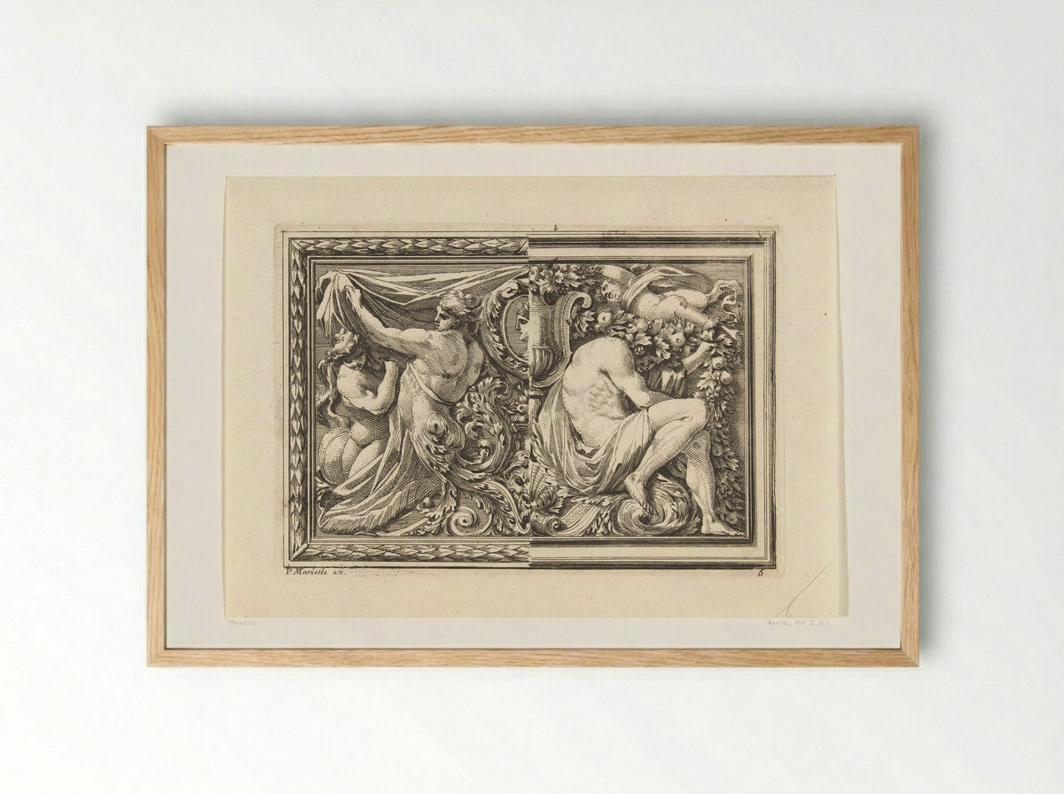 Paneel met naakte man en vrouw en zittende man - Jean Lepautre - Framed Print Wood