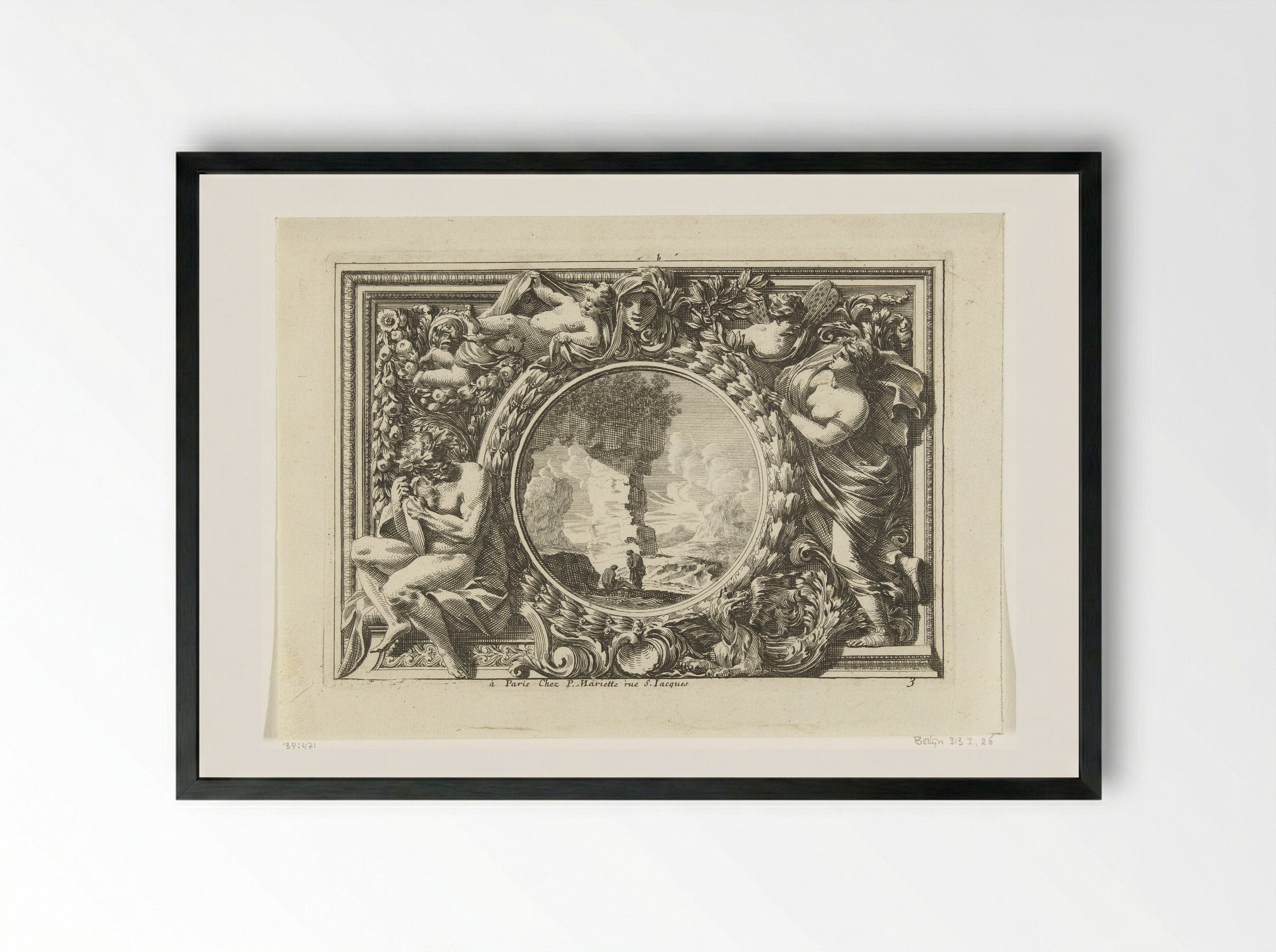 Panel with Landscape in Medallion - Jean Lepautre - Framed Print Black