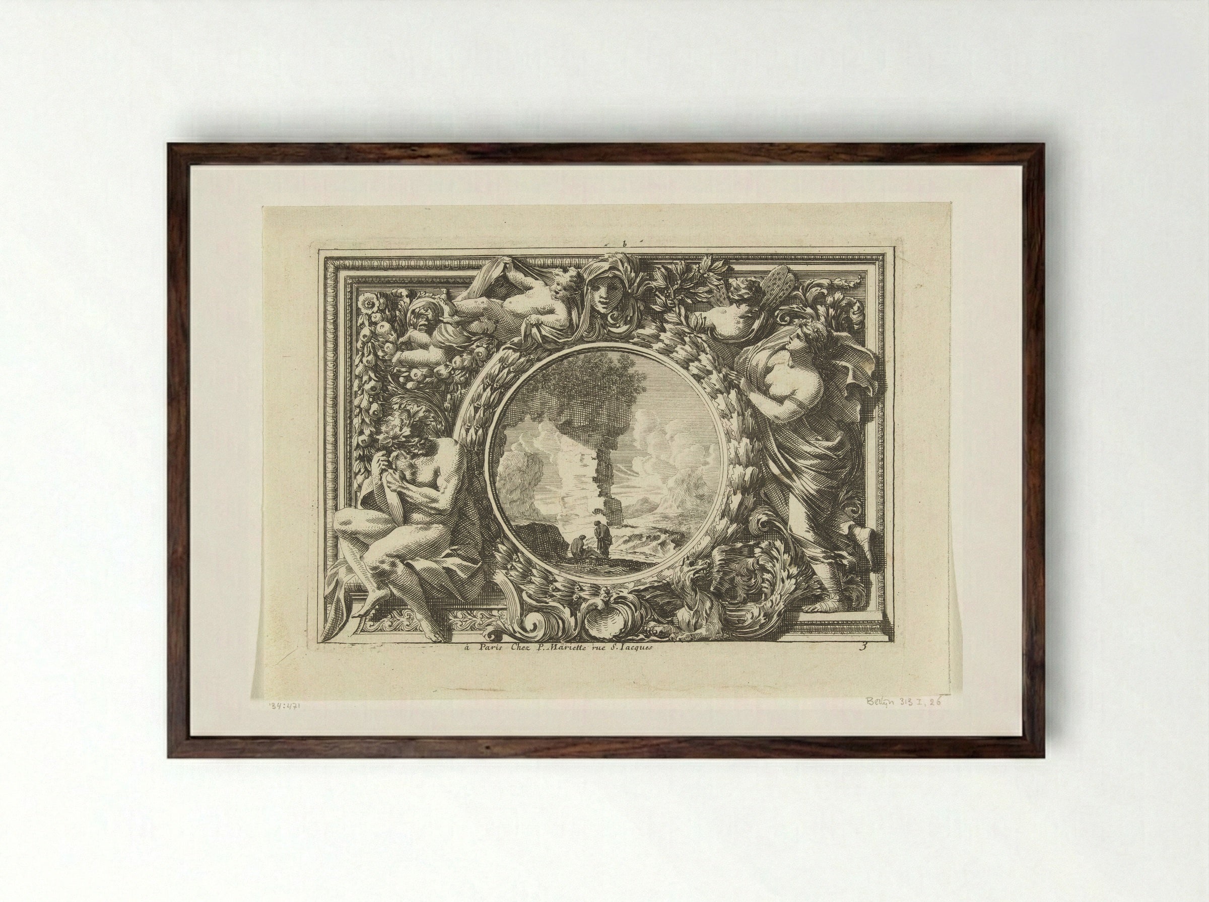 Panel with Landscape in Medallion - Jean Lepautre - Framed Print Dark Wood