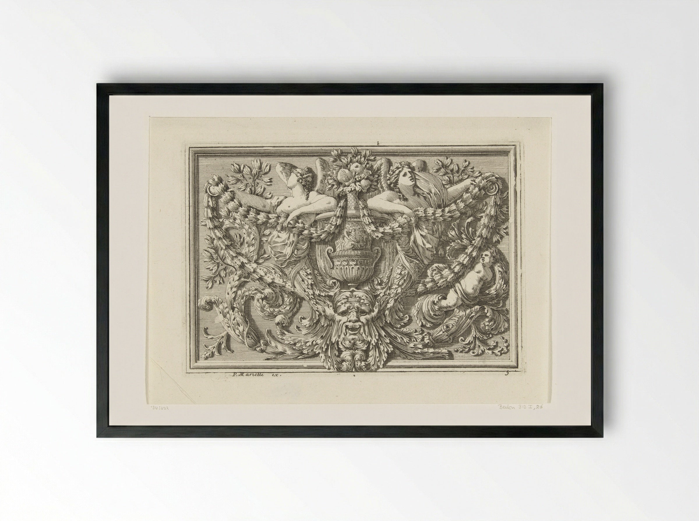 Panel with Vase and Mask - Jean Lepautre - Framed Print Black
