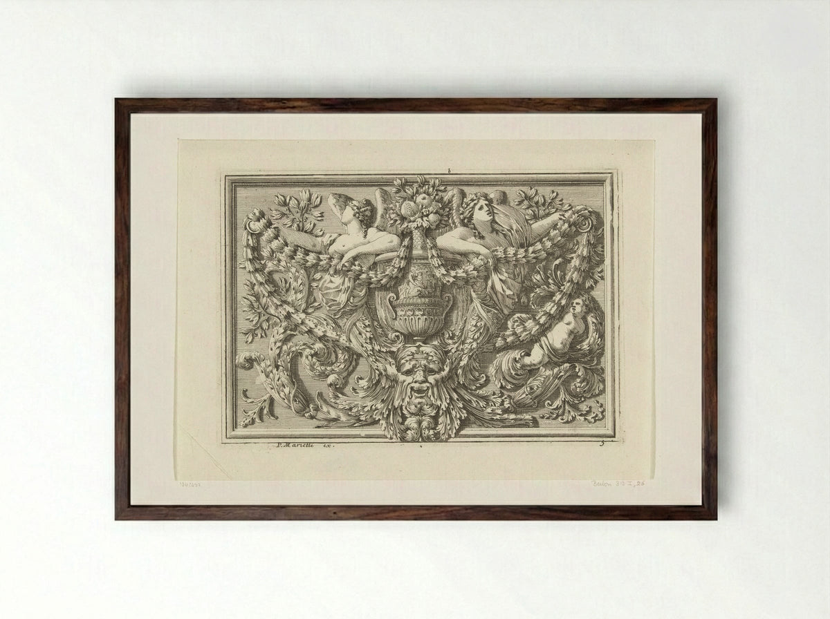 Panel with Vase and Mask - Jean Lepautre - Framed Print Dark Wood