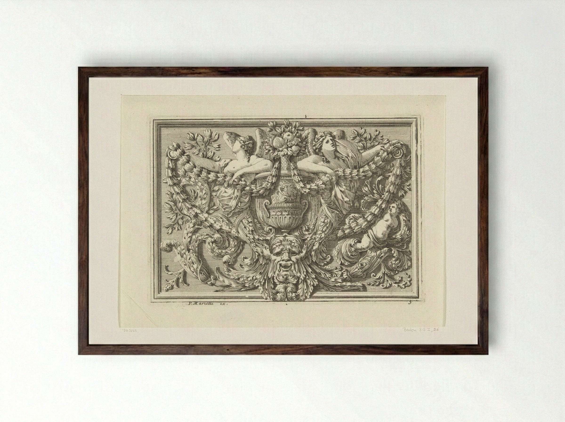 Panel with Vase and Mask - Jean Lepautre - Framed Print Dark Wood