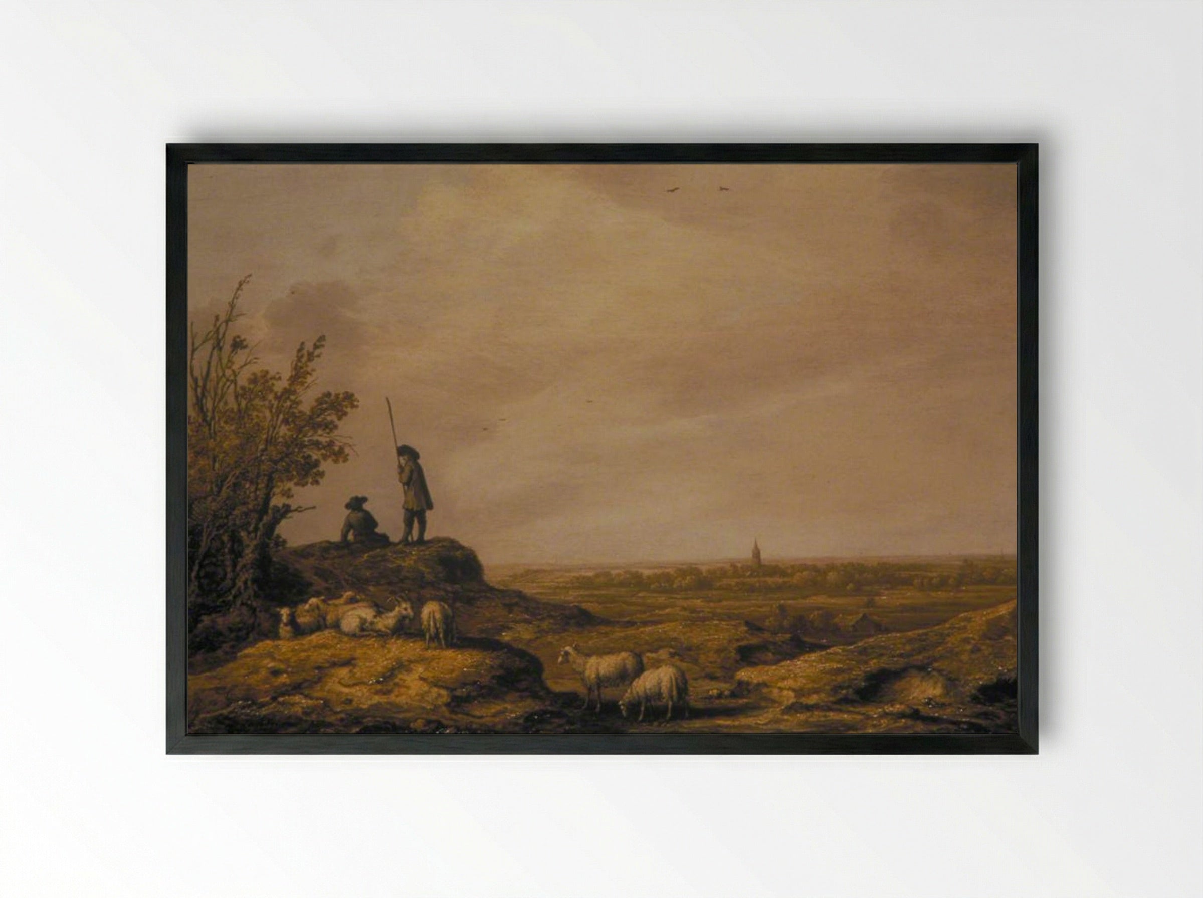 Panoramic Landscape with Shepherds, Sheep and a Town in the Distance - Aelbert Cuyp - Framed Print Black