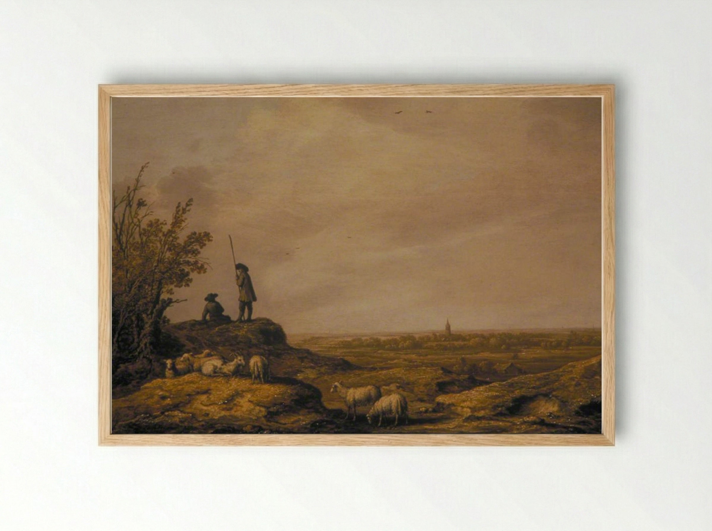 Panoramic Landscape with Shepherds, Sheep and a Town in the Distance - Aelbert Cuyp - Framed Print Wood