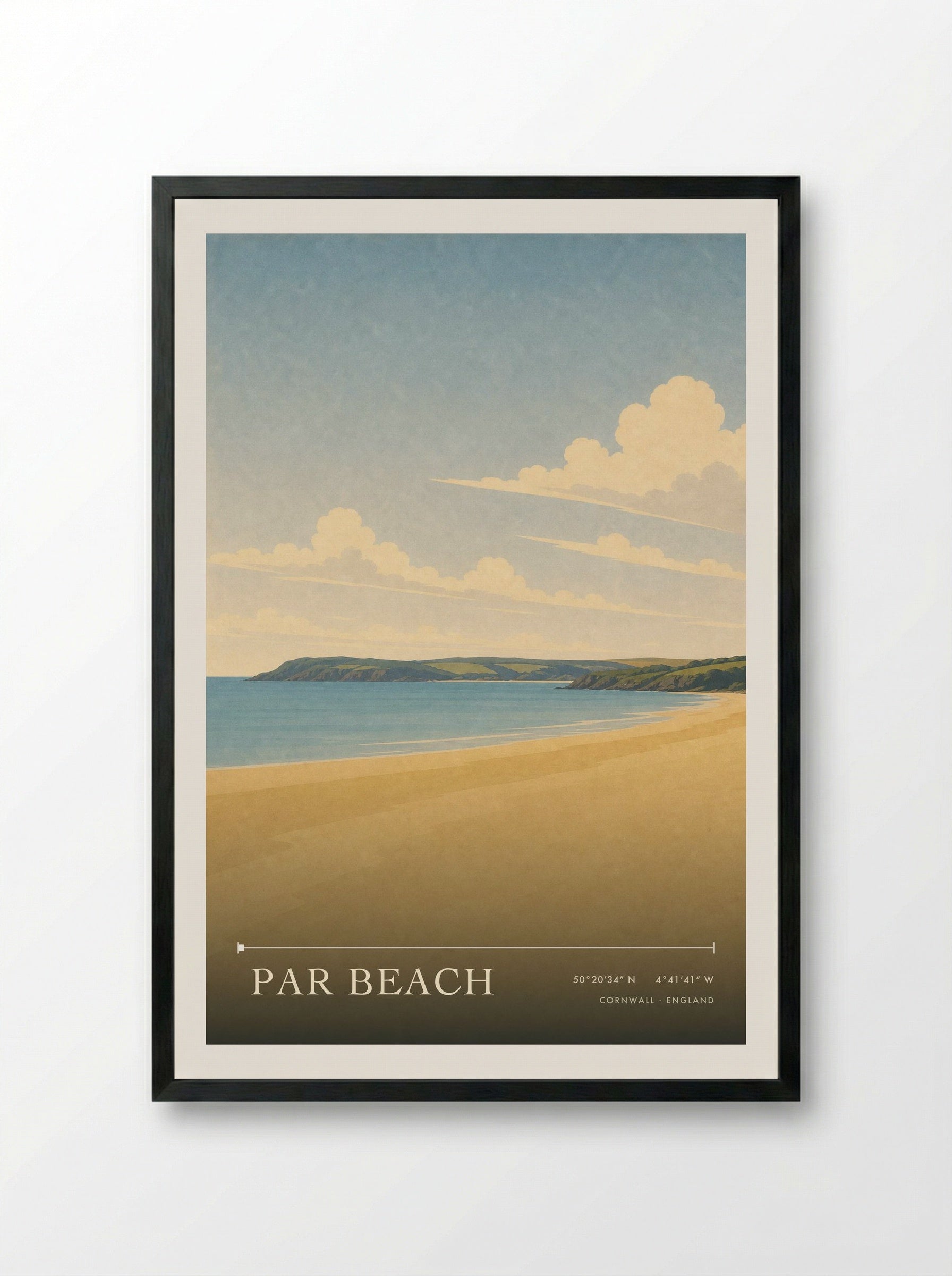 Par Beach Cornwall England Travel Poster - Framed Print Black