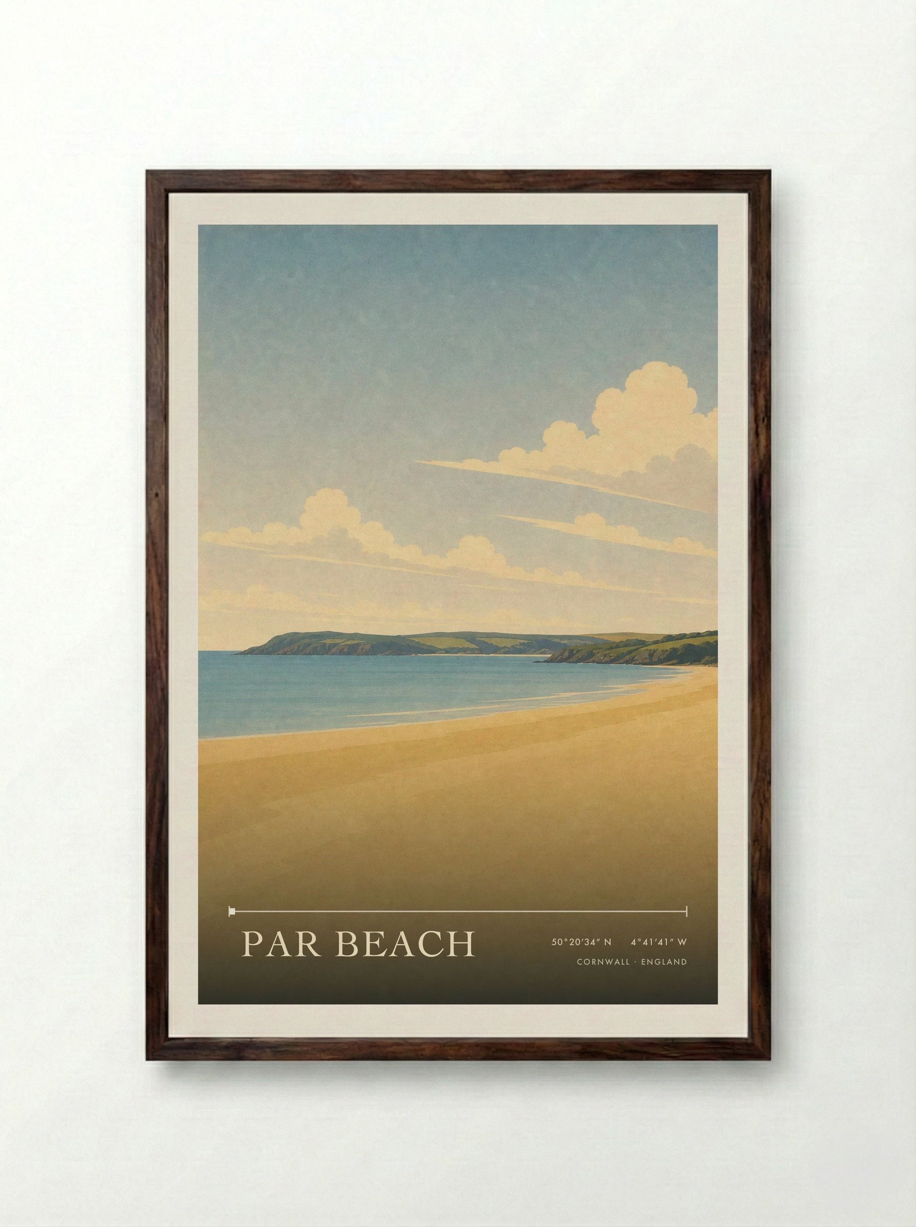 Par Beach Cornwall England Travel Poster - Framed Print Dark Wood