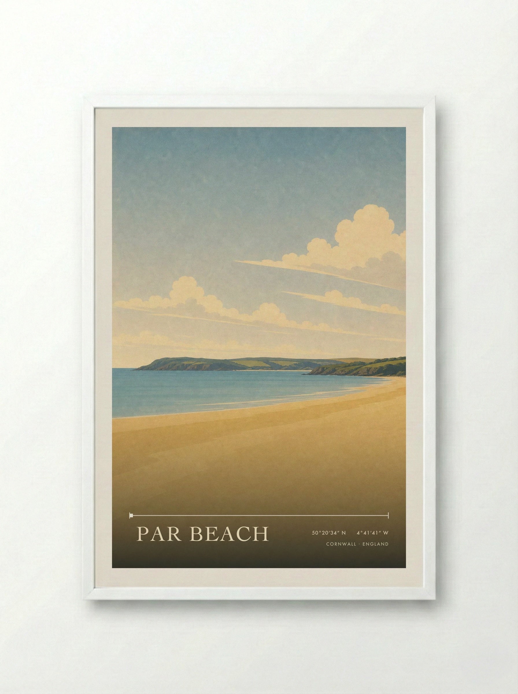 Par Beach Cornwall England Travel Poster - Framed Print White