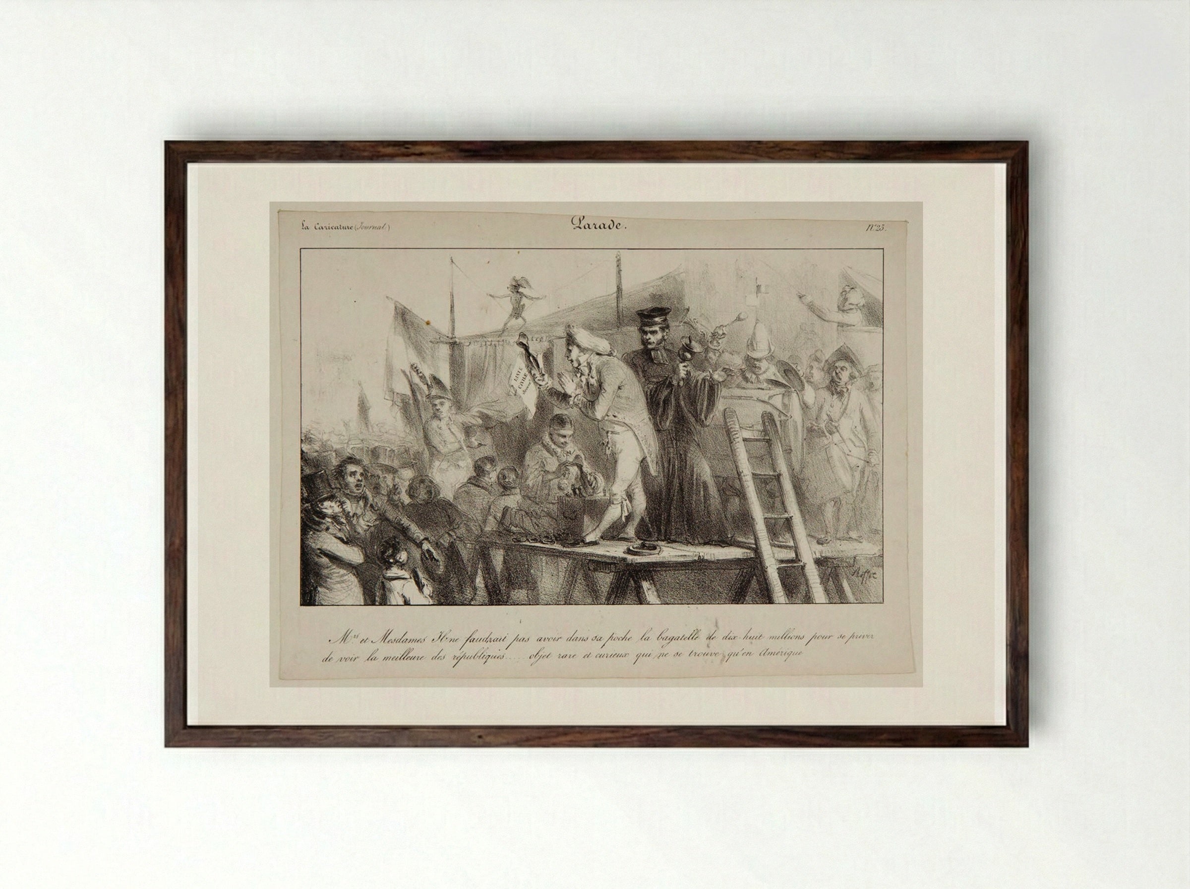 Parade: Ladies and Gentlemen, one need not have the trifling 18 million... - Denis-Auguste-Marie Raffet - Framed Print Dark Wood