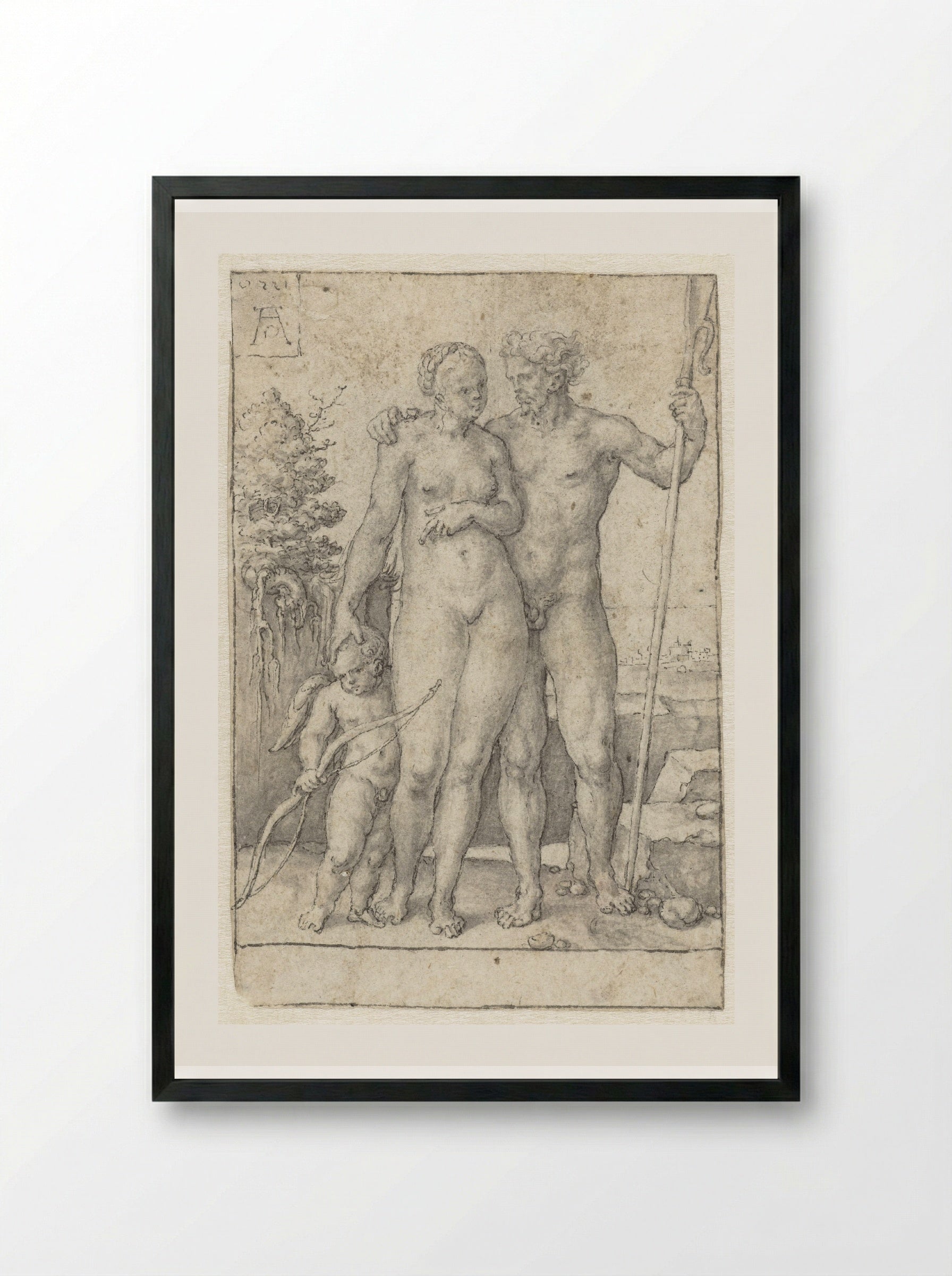 Paris, Oenone and Cupid - Heinrich Aldegrever - Framed Print Black