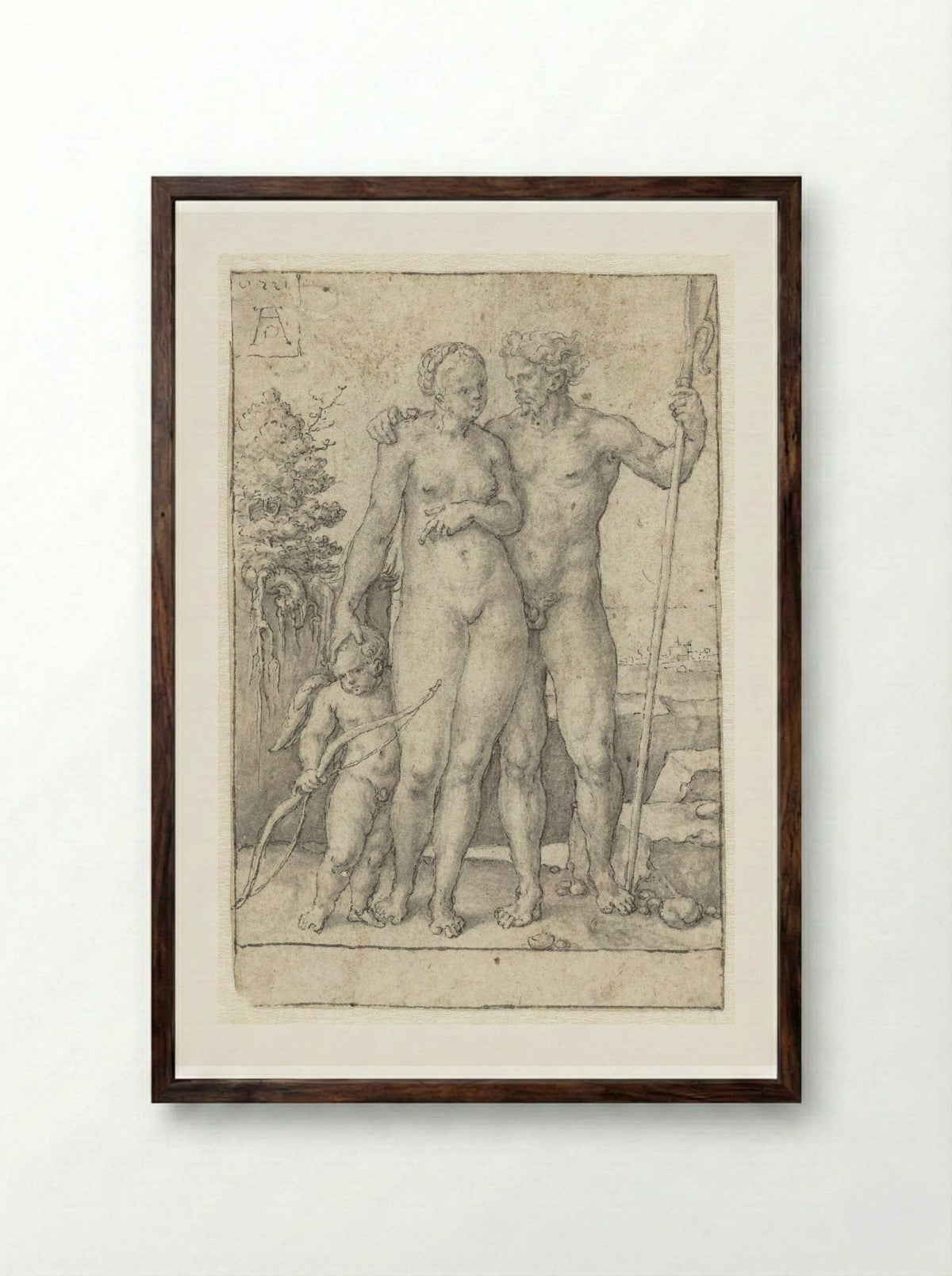 Paris, Oenone and Cupid - Heinrich Aldegrever - Framed Print Dark Wood