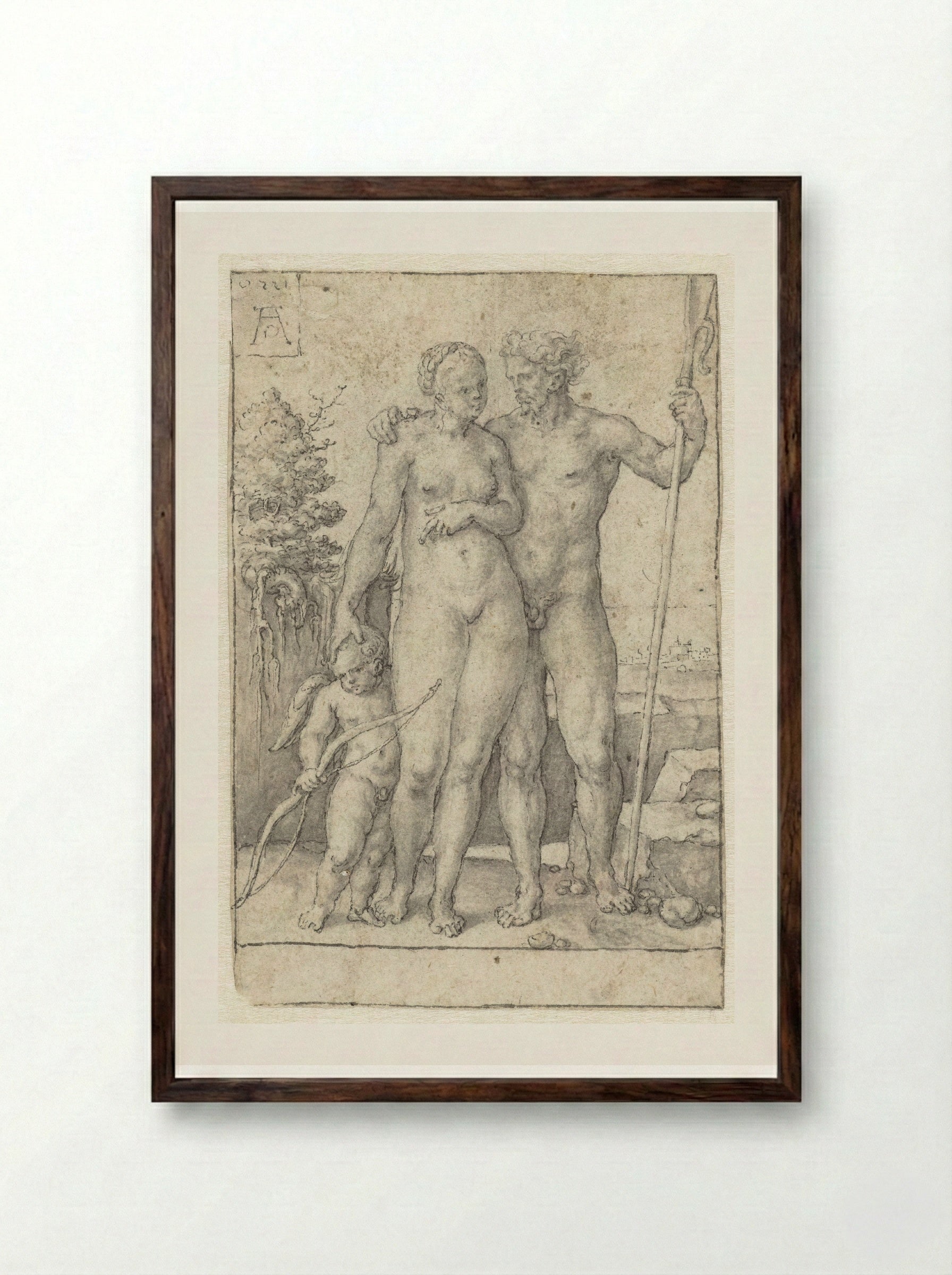 Paris, Oenone and Cupid - Heinrich Aldegrever - Framed Print Dark Wood