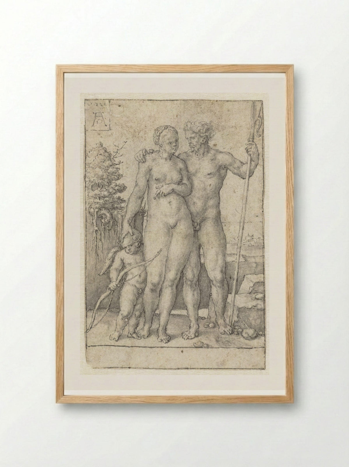 Paris, Oenone and Cupid - Heinrich Aldegrever - Framed Print Wood
