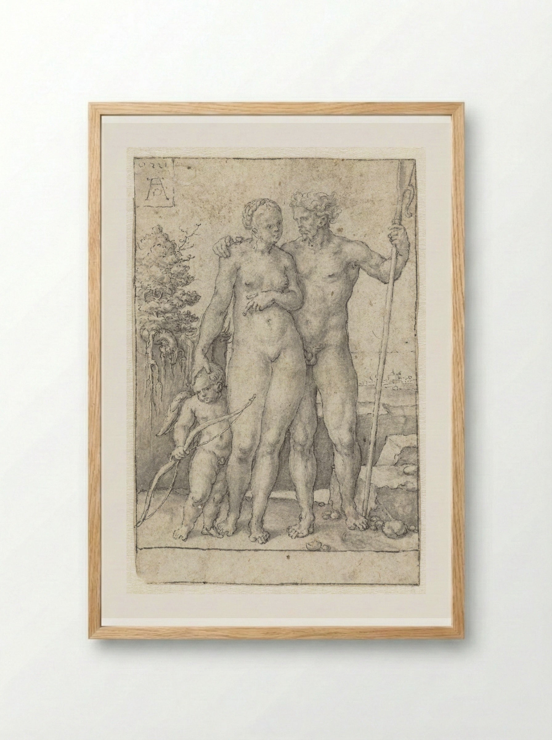 Paris, Oenone and Cupid - Heinrich Aldegrever - Framed Print Wood