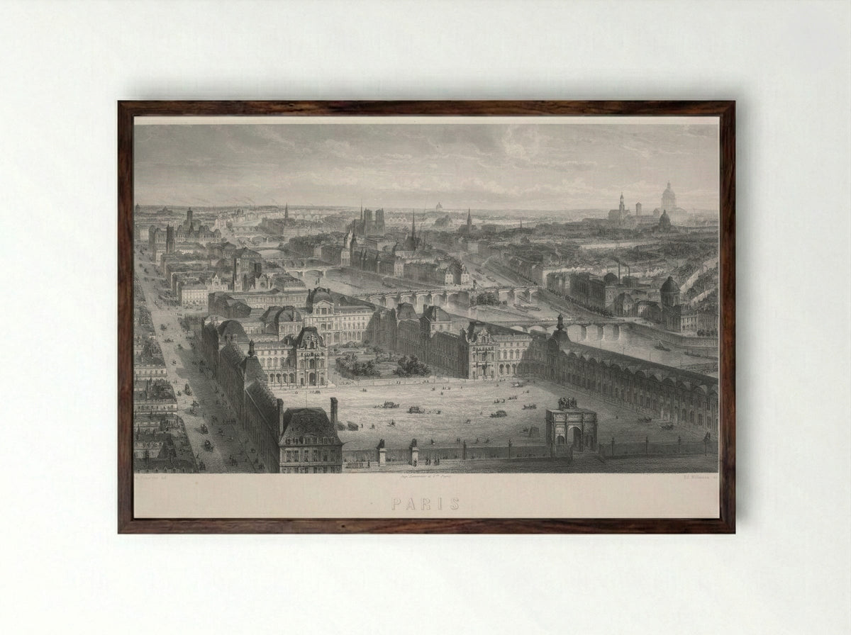 Paris (Panoramic View of the Louvre and Seine) - Adolphe Rouargue - Framed Print Dark Wood
