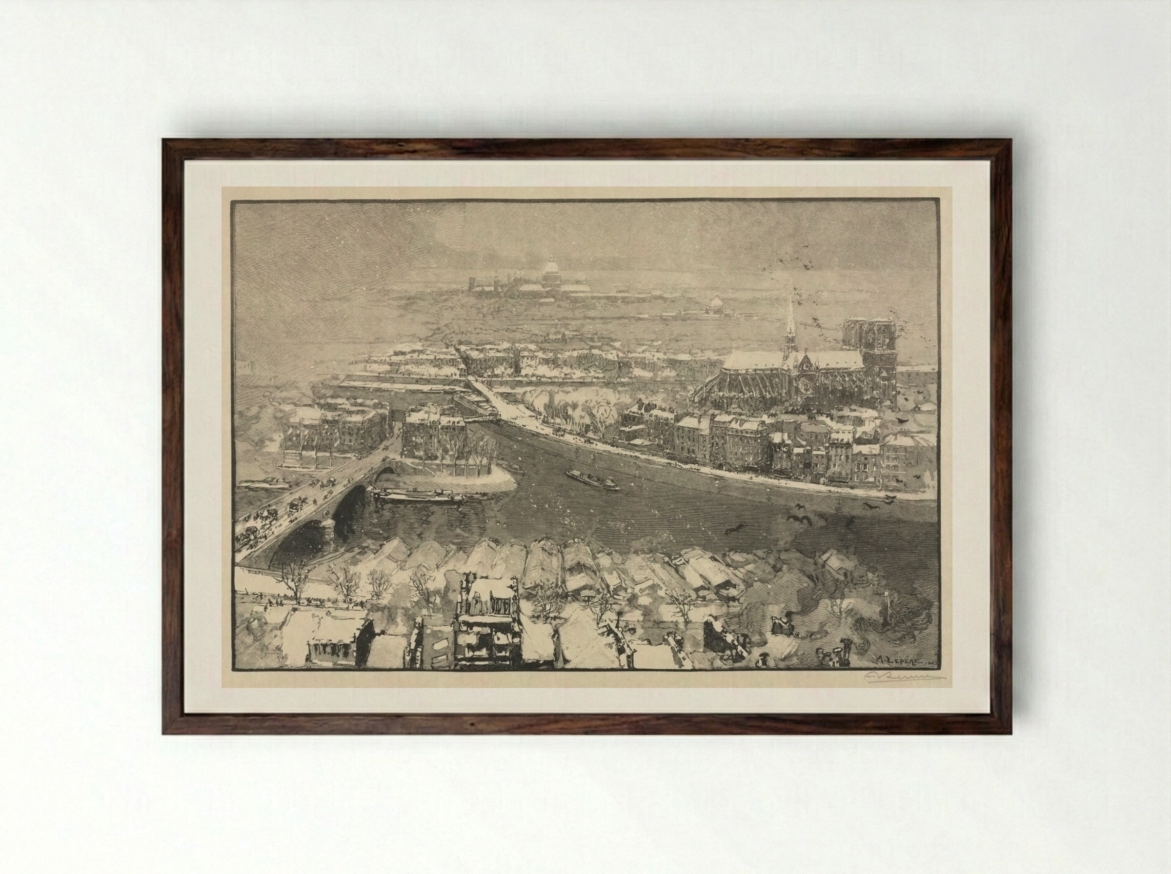 Paris under Snow - Auguste Louis Lepère - Framed Print Dark Wood