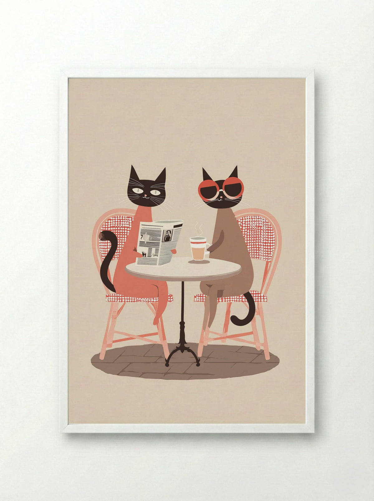 Parisian Cats at Café Pause - Framed Print White